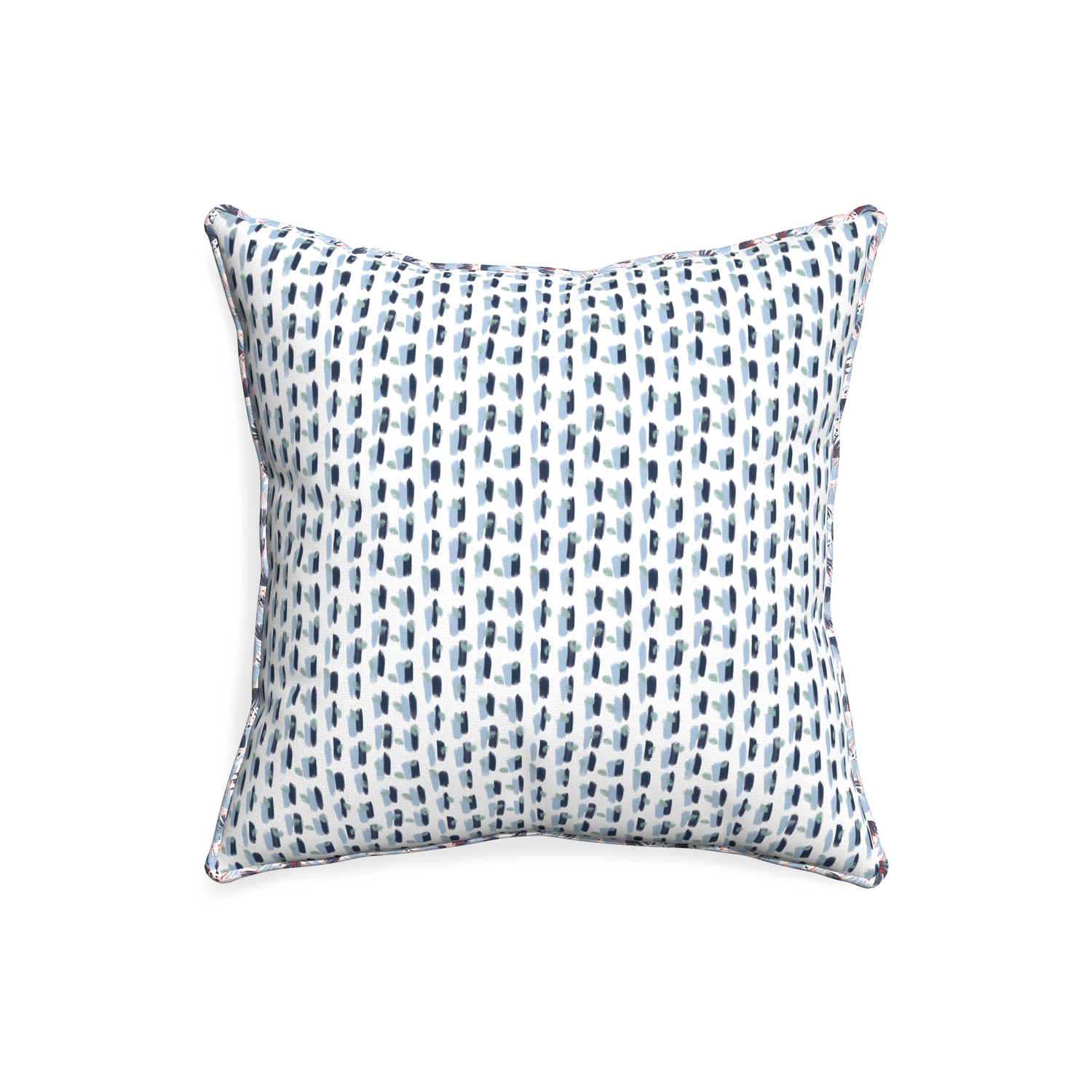 20-square poppy blue custom pillow with e piping on white background