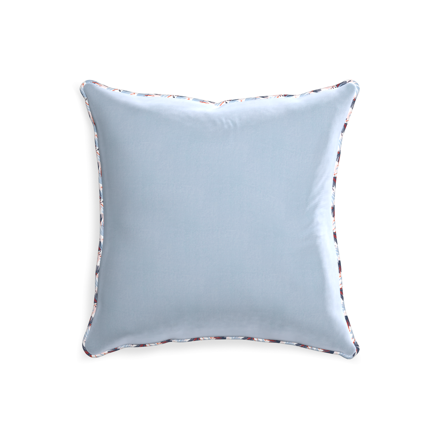 20-square sky velvet custom pillow with e piping on white background