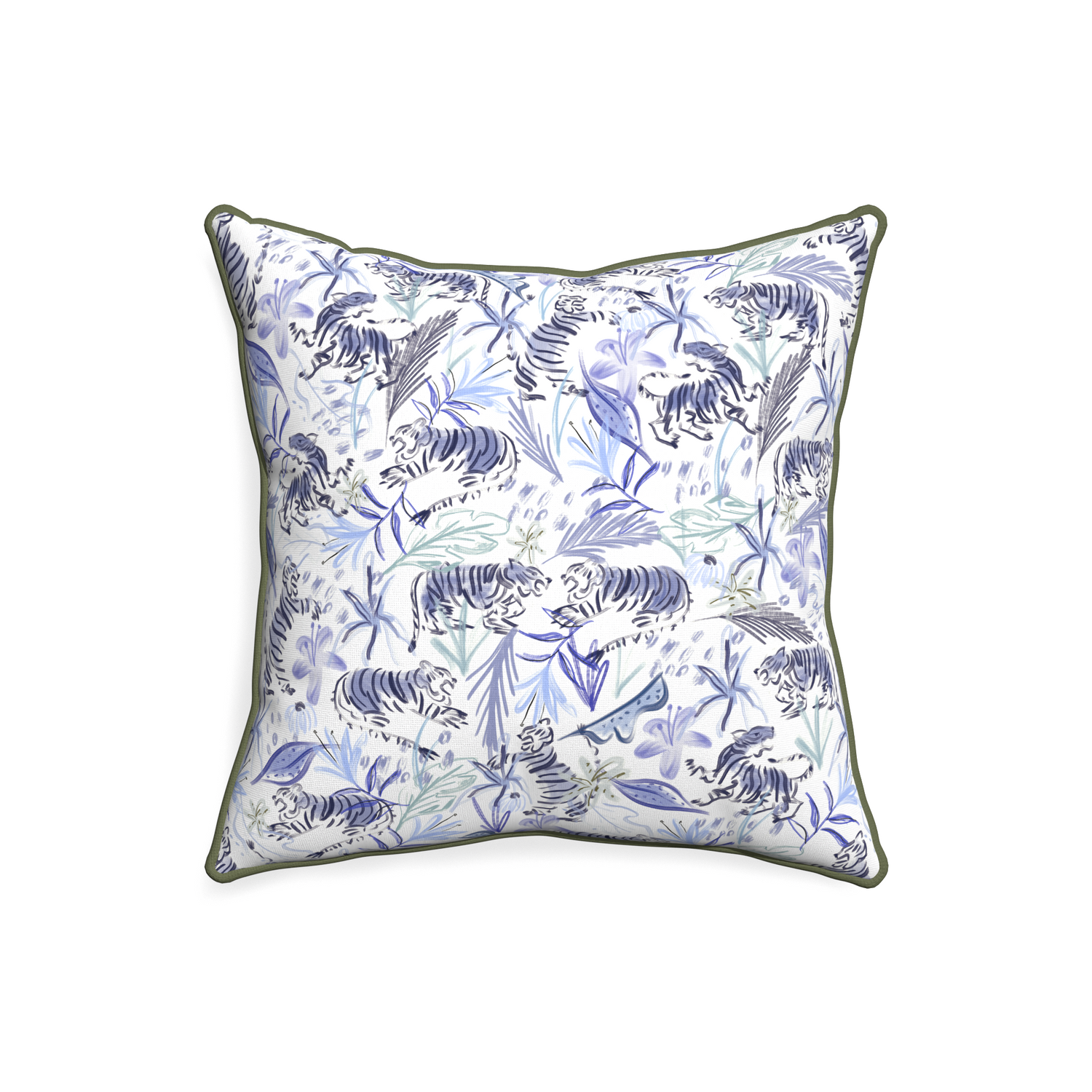 20-square frida blue custom blue with intricate tiger designpillow with f piping on white background