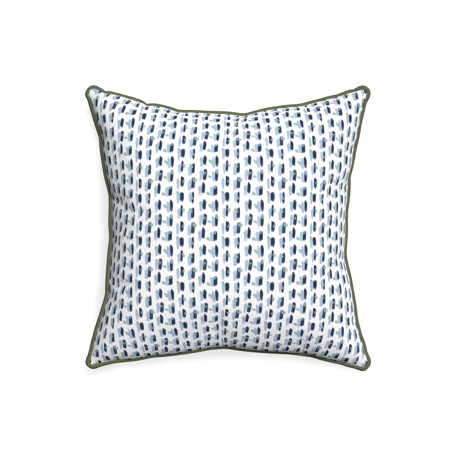 20-square poppy blue custom pillow with f piping on white background