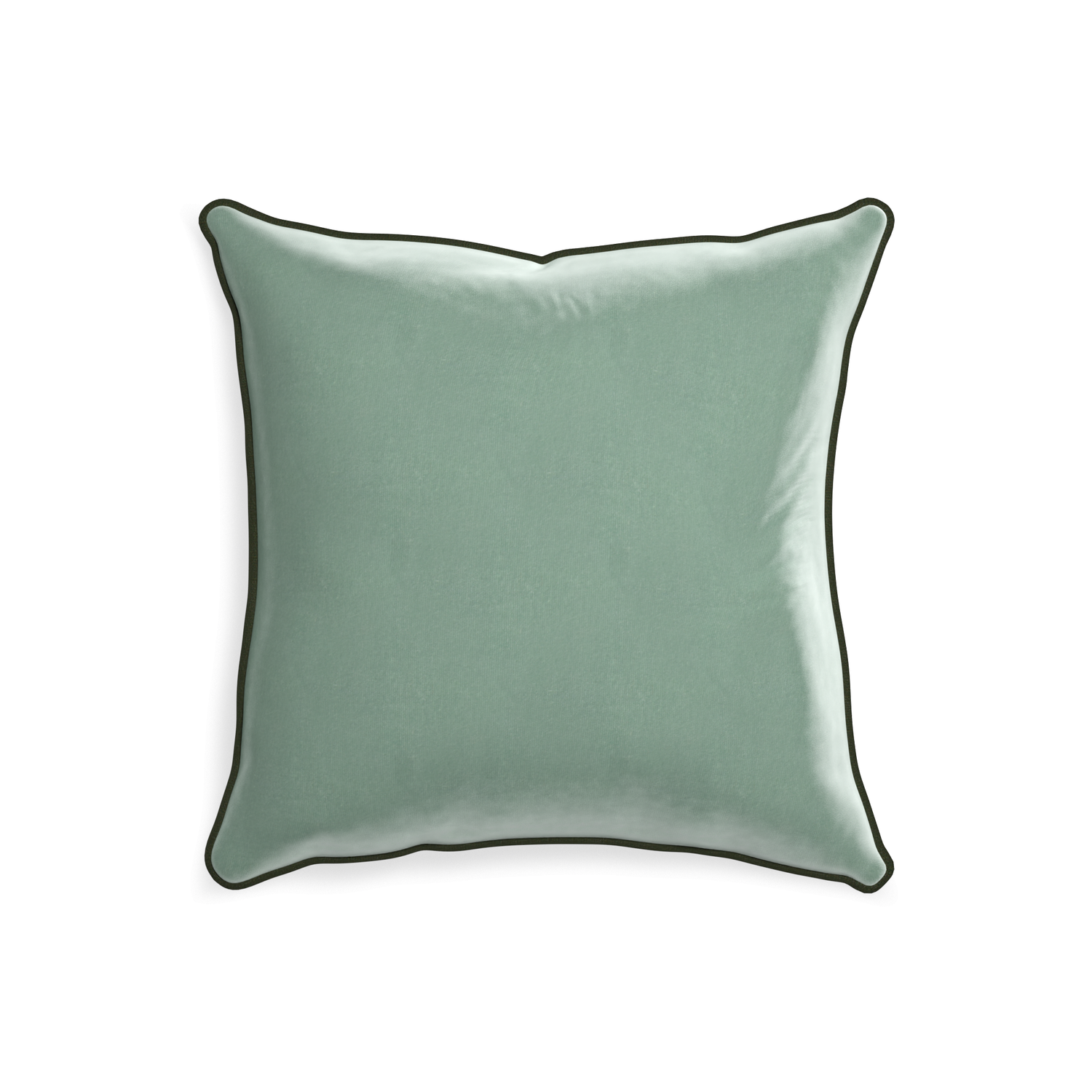 square blue green velvet pillow with fern green piping
