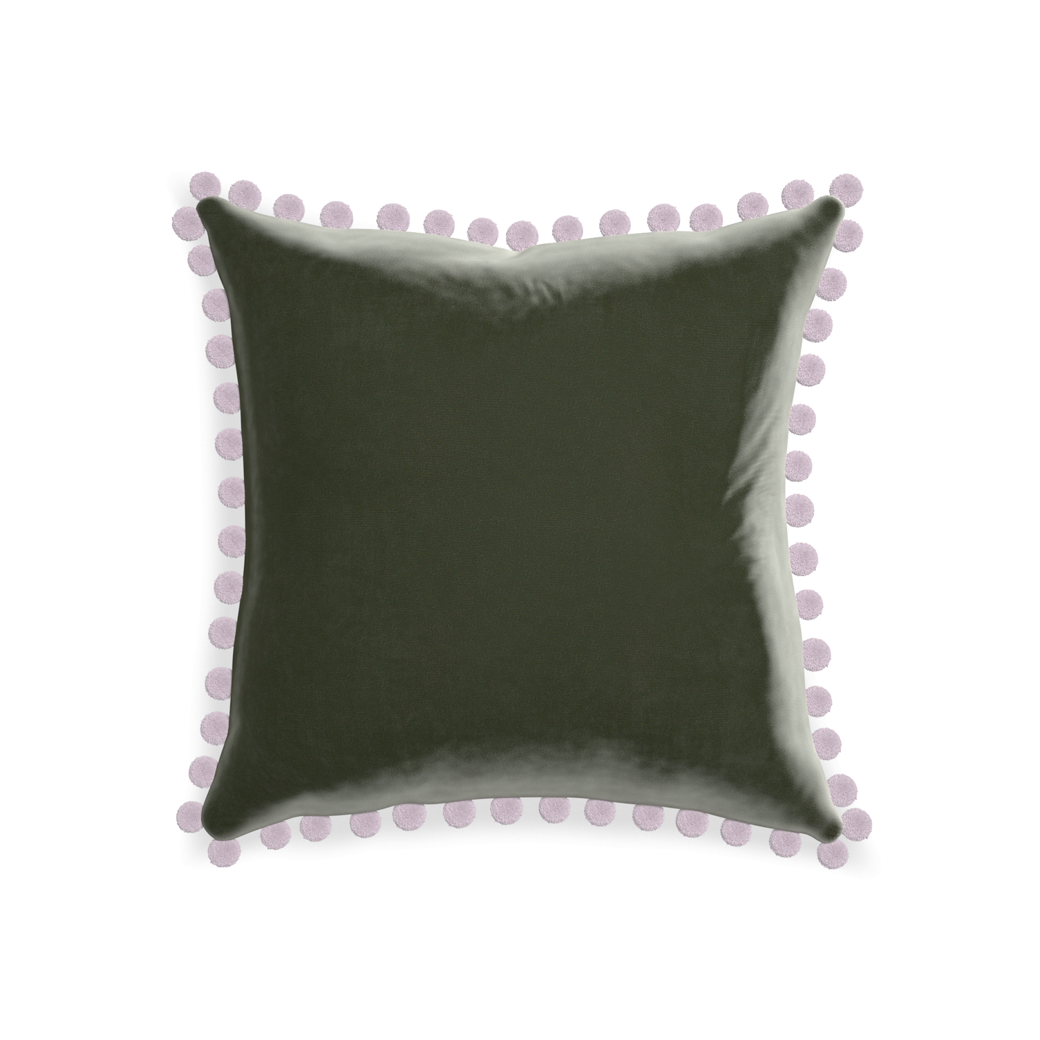 square fern green velvet pillow with lilac pom poms