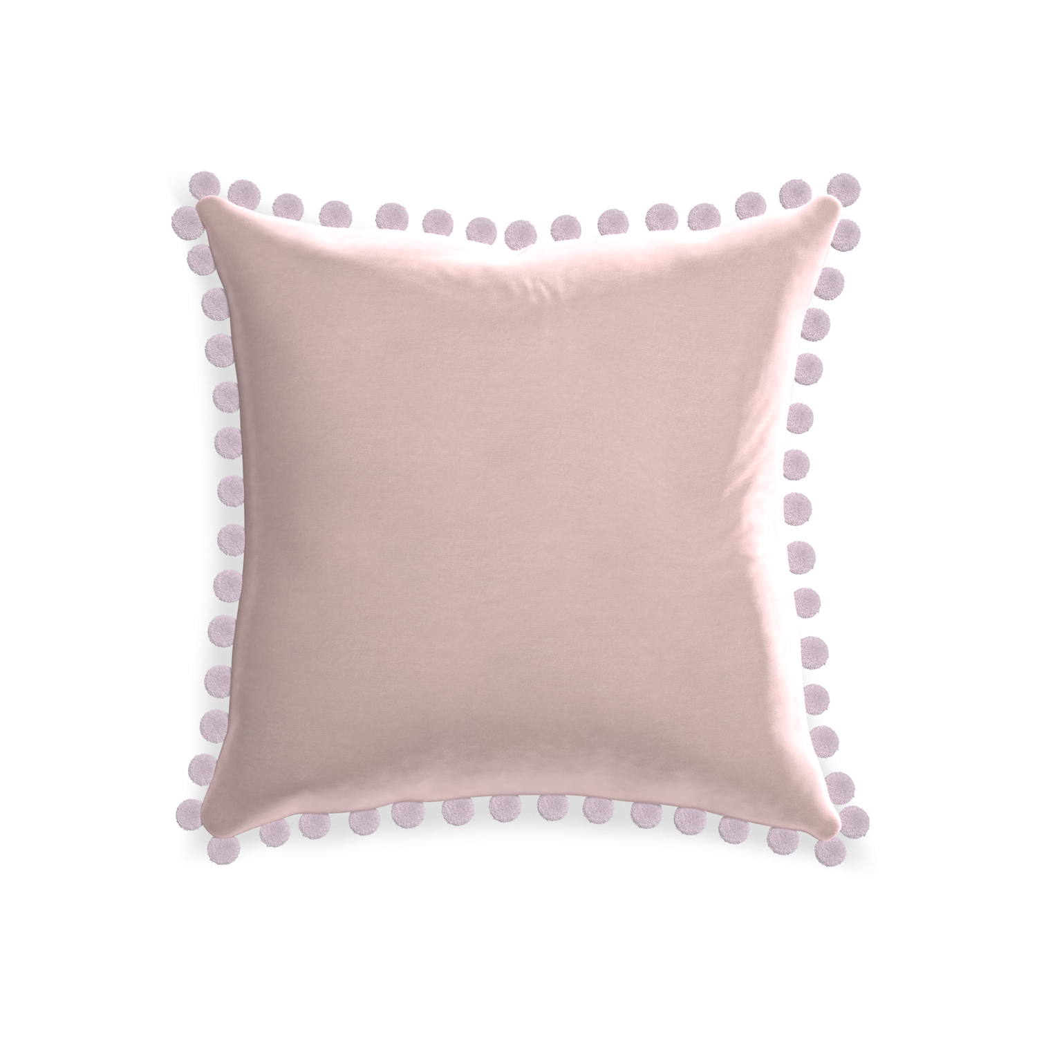 square light pink velvet pillow with lilac pom poms