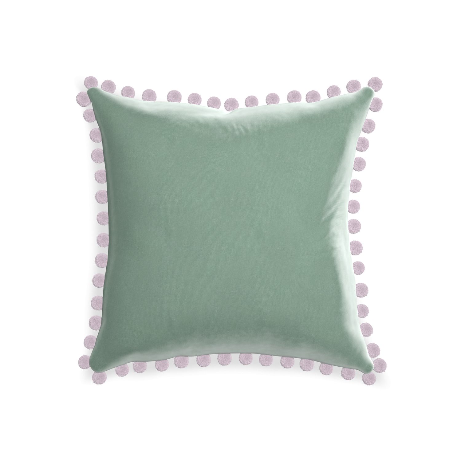 square blue green velvet pillow with lilac pom poms