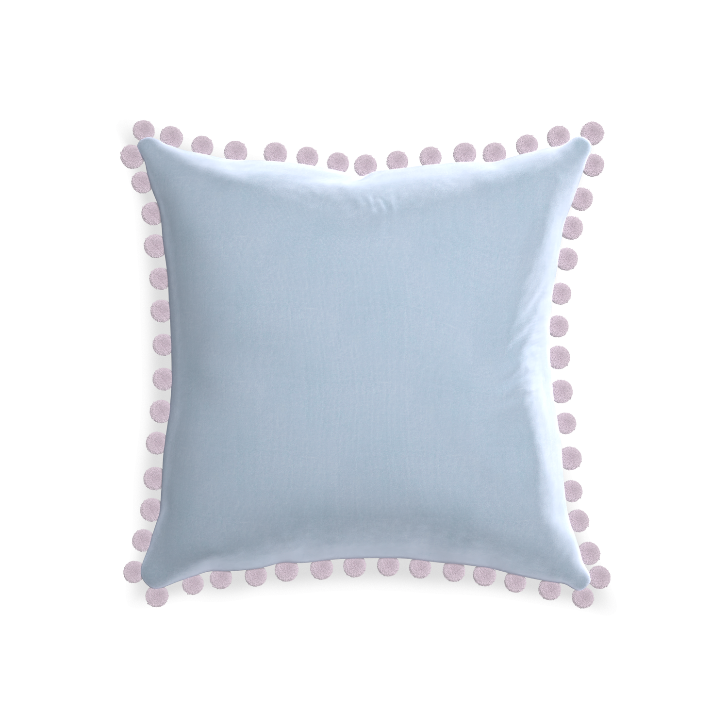 square light blue velvet pillow with lilac pom pom