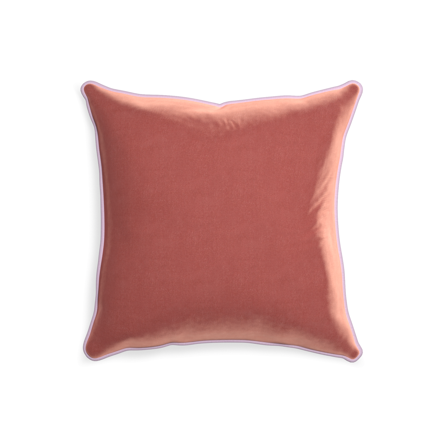 square coral velvet pillow with lilac piping