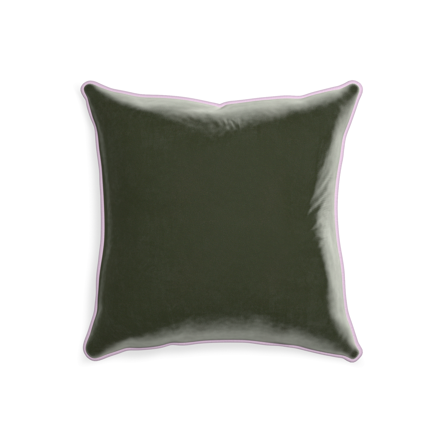 square fern green velvet pillow with lilac piping