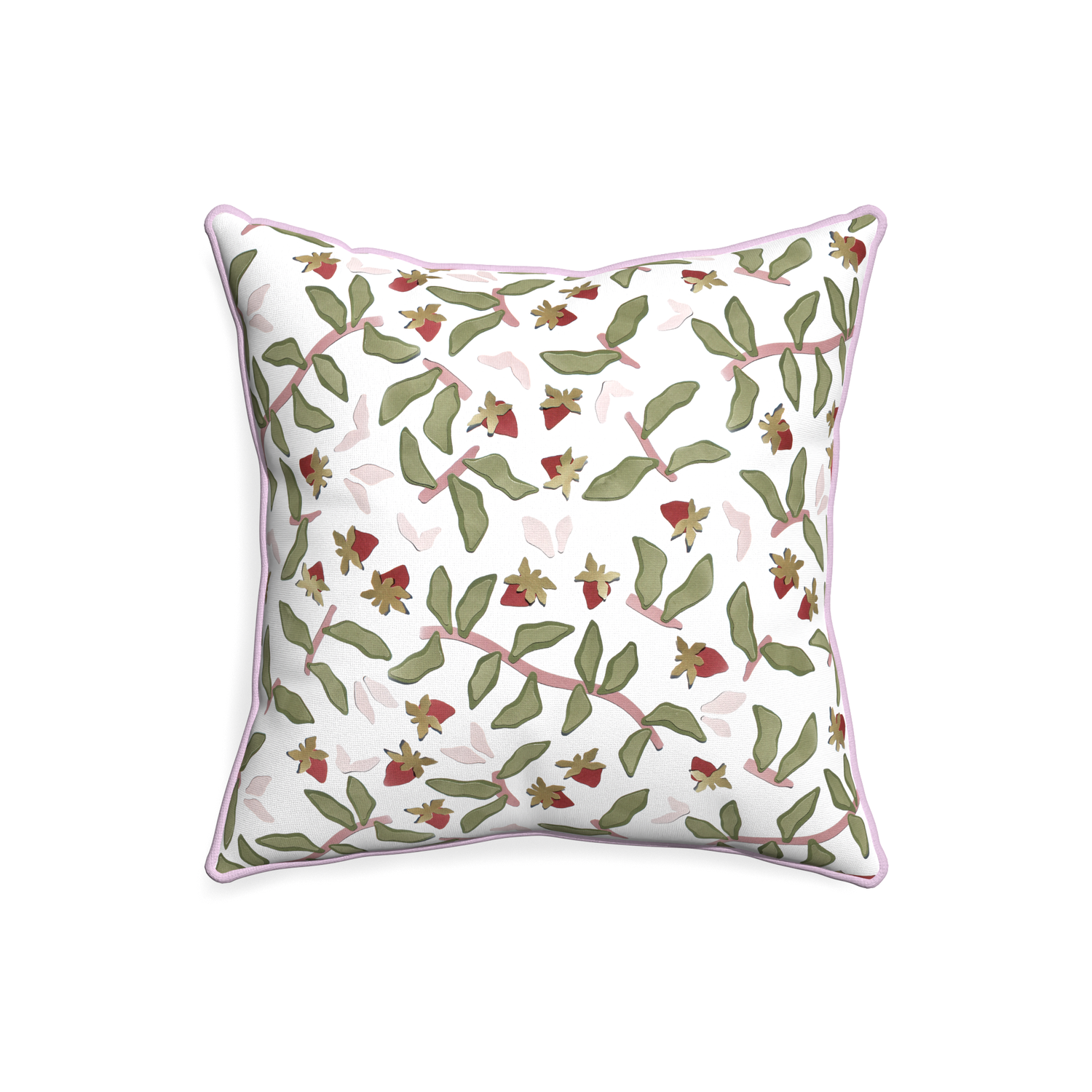 20-square nellie custom strawberry & botanicalpillow with l piping on white background