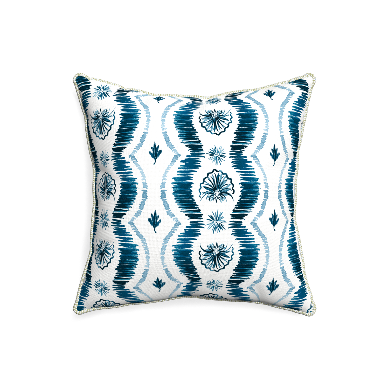 20-square alice custom blue ikatpillow with l piping on white background