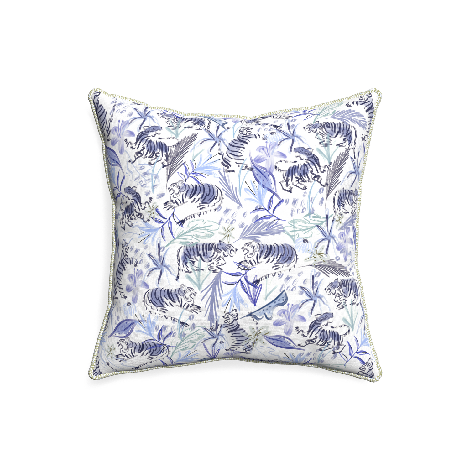 20-square frida blue custom blue with intricate tiger designpillow with l piping on white background