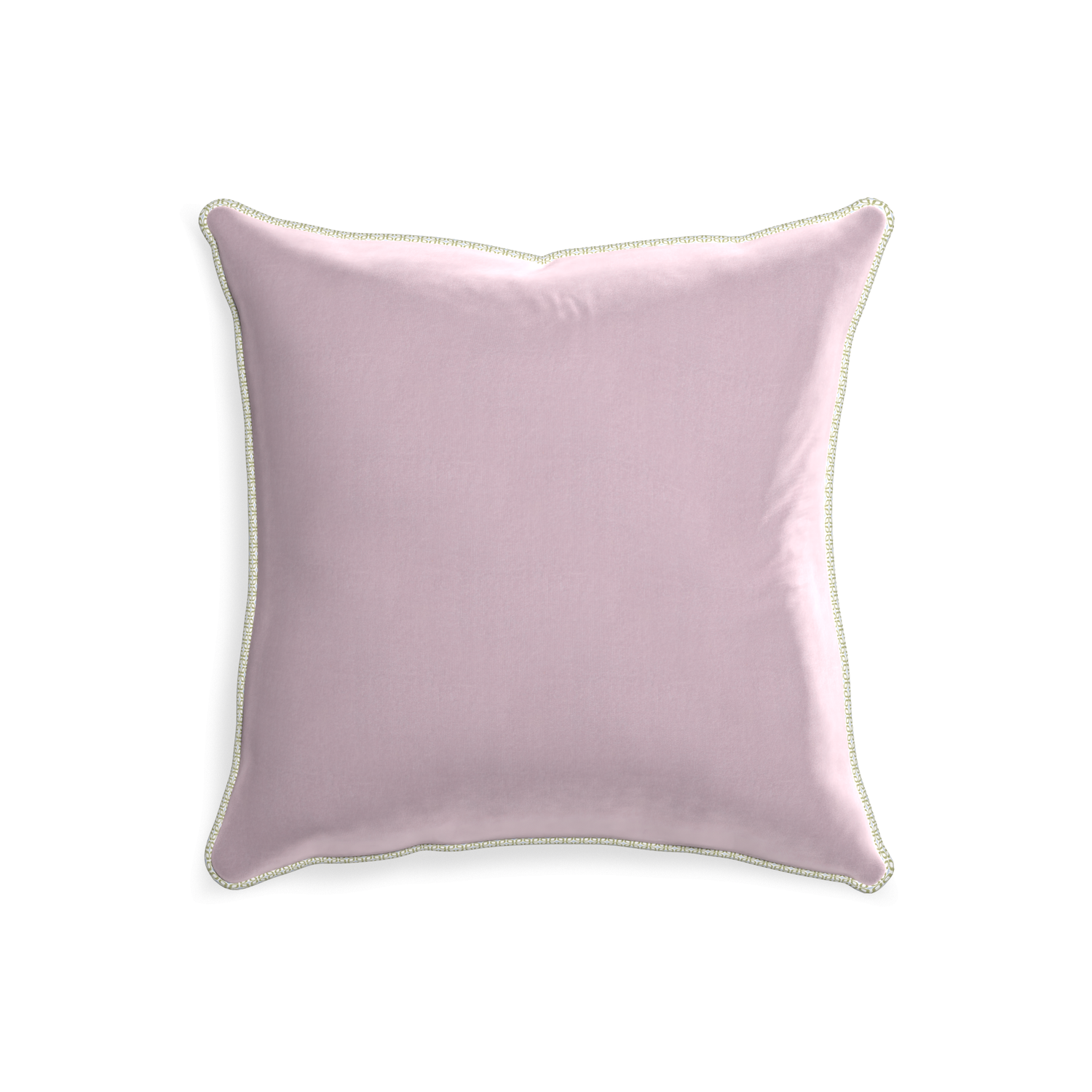 square lilac velvet pillow with moss green geometric piping