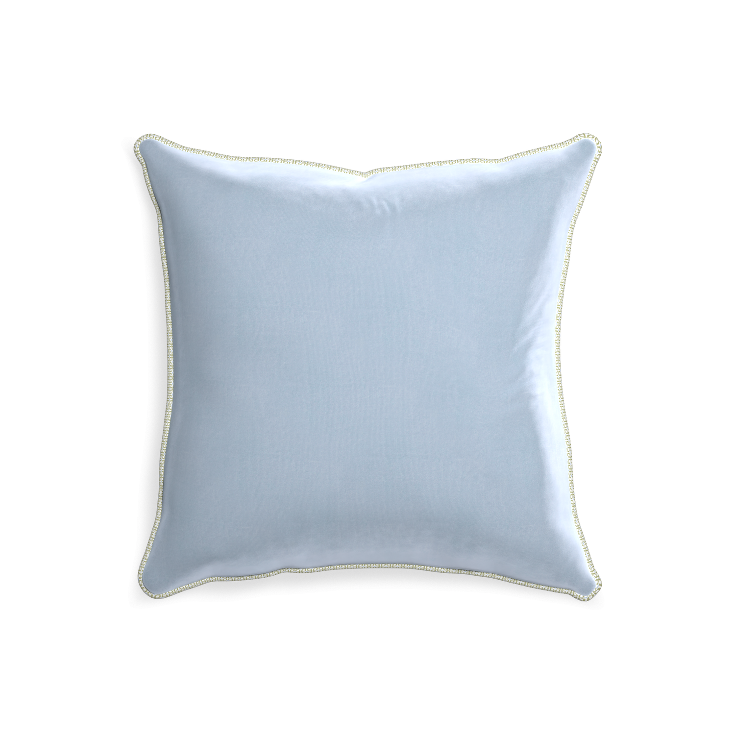 square light blue velvet pillow with moss green geometric piping