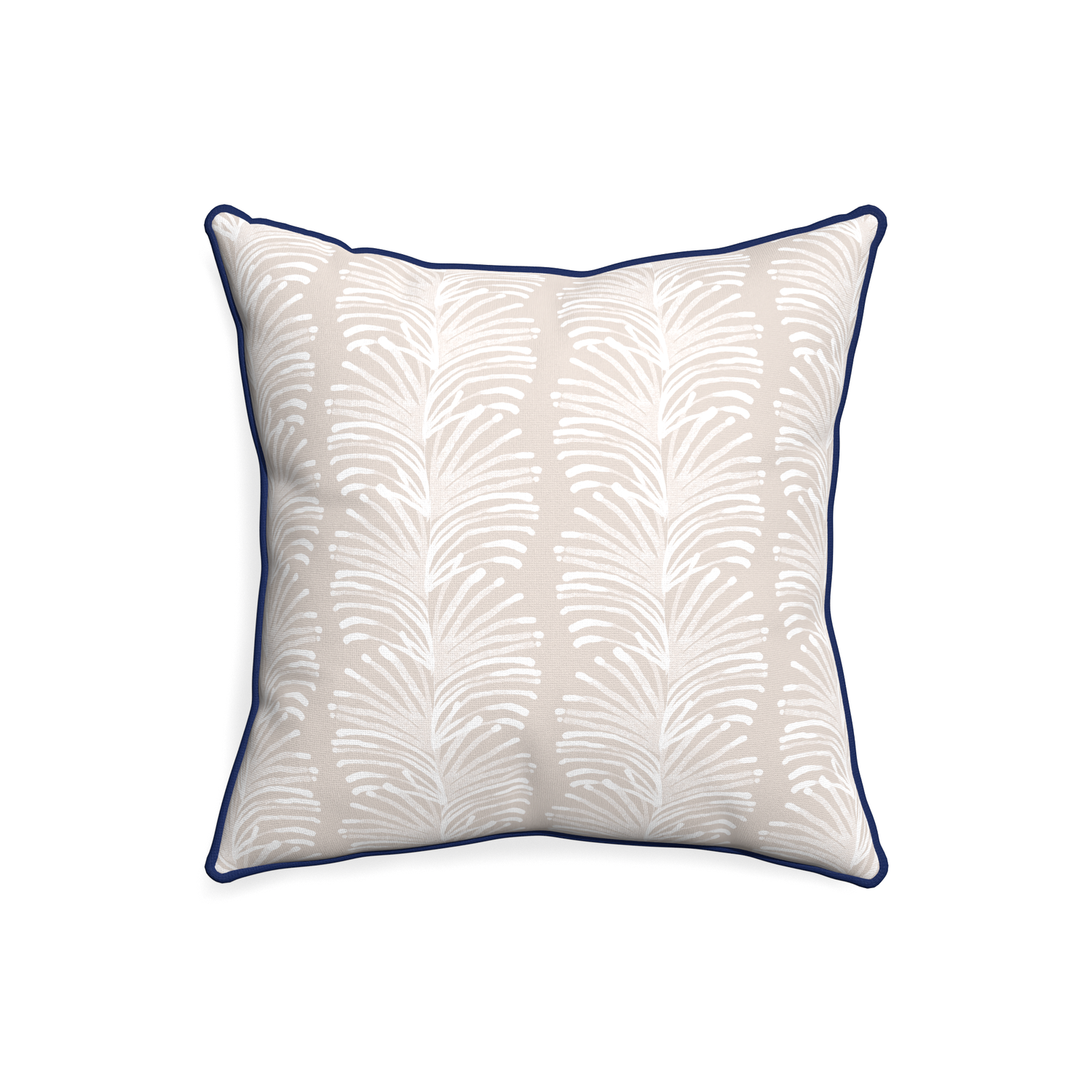 20-square emma sand custom sand colored botanical stripepillow with midnight piping on white background