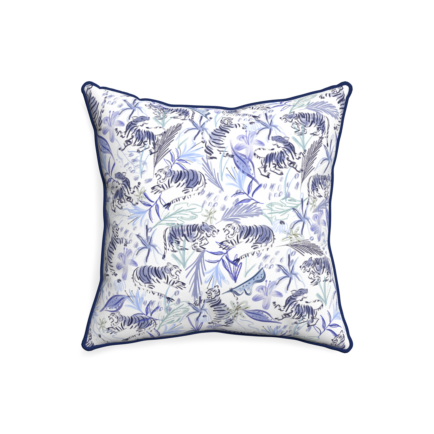 20-square frida blue custom blue with intricate tiger designpillow with midnight piping on white background