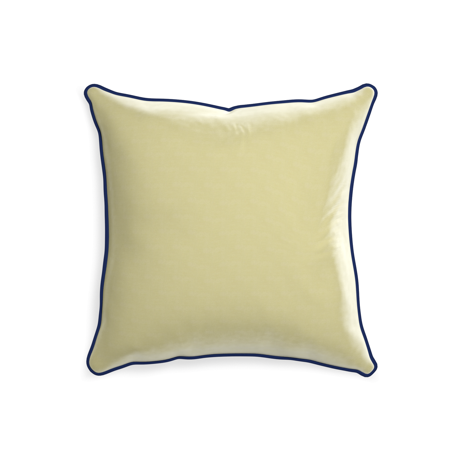 square light green velvet pillow with navy blue piping