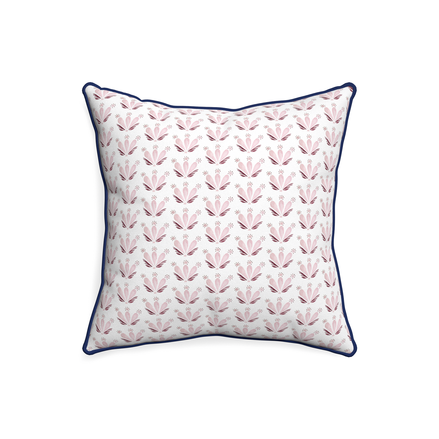 20-square serena pink custom pink & burgundy drop repeat floralpillow with midnight piping on white background