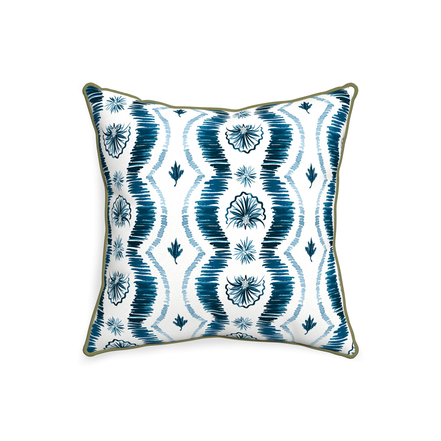 square blue ikat pillow with moss green piping