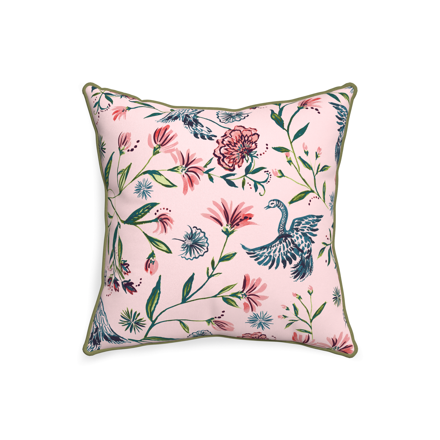 square pink chinoiserie pillow with moss green piping