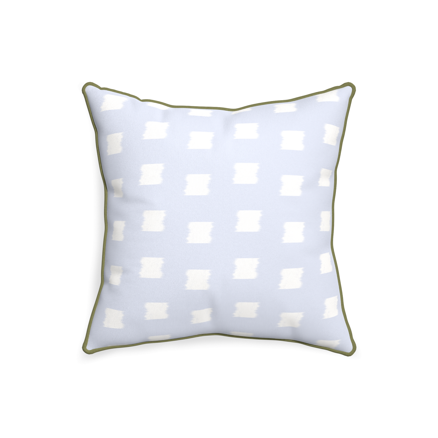 square sky blue pattern pillow with moss green piping