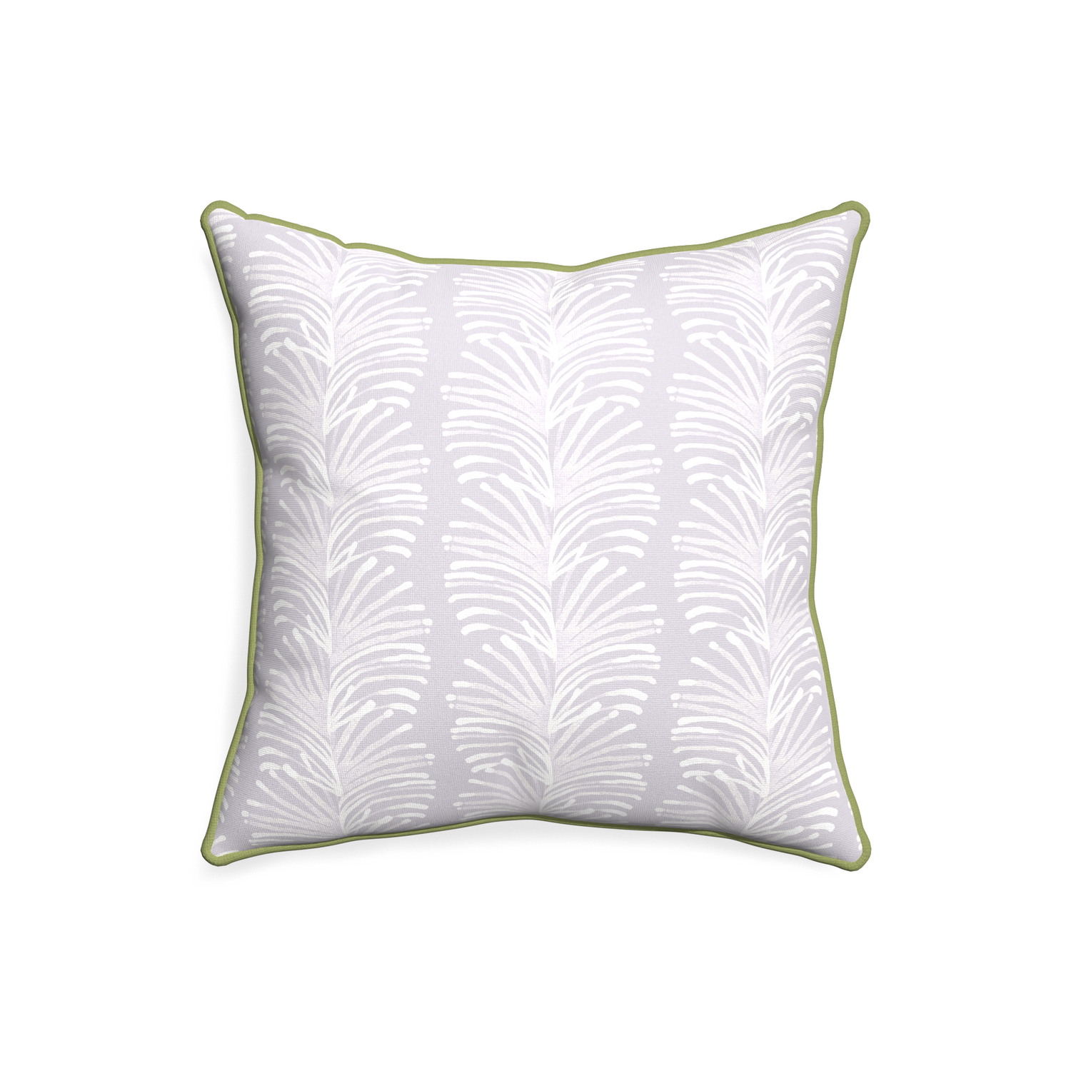 20-square emma lavender custom pillow with moss piping on white background