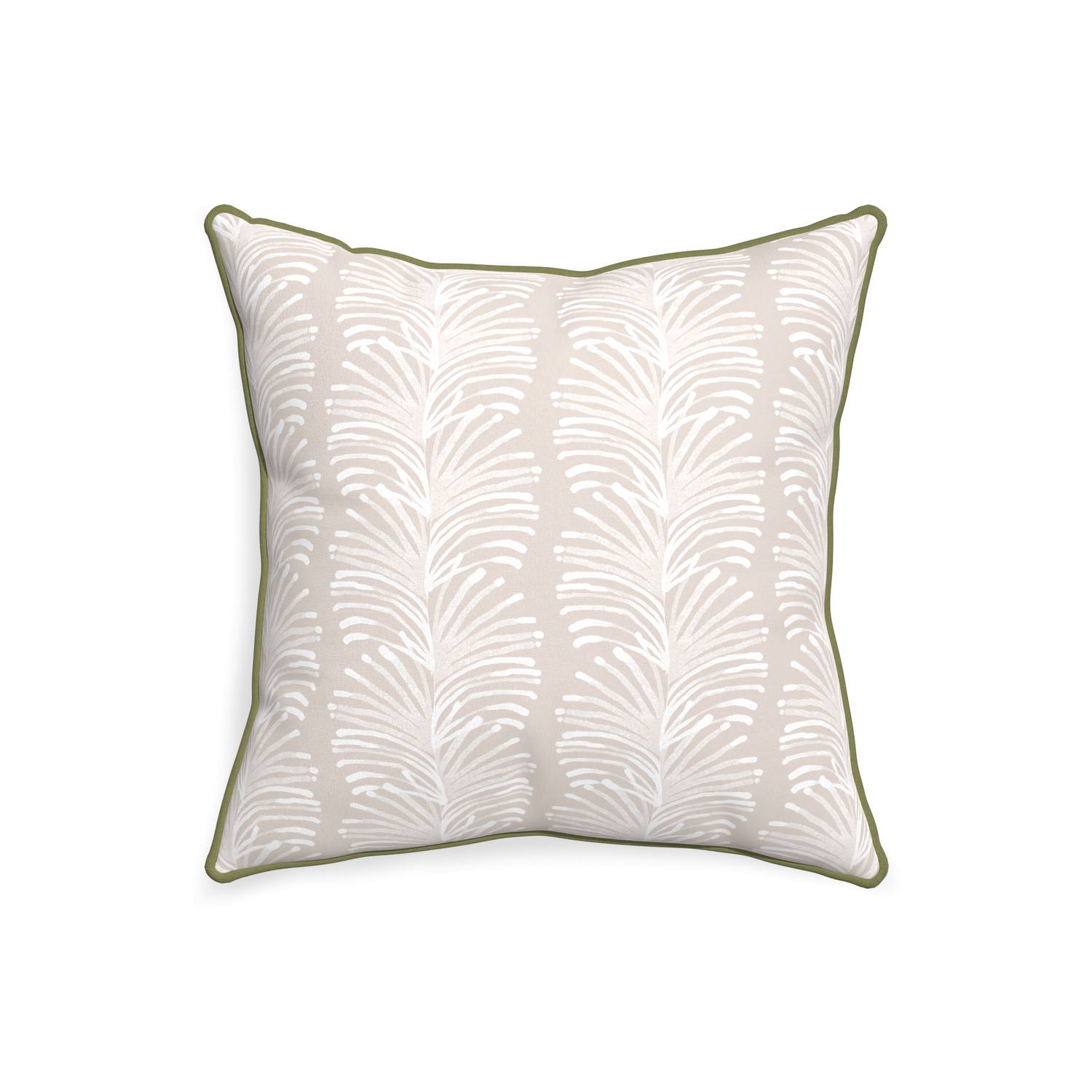 20-square emma sand custom pillow with moss piping on white background