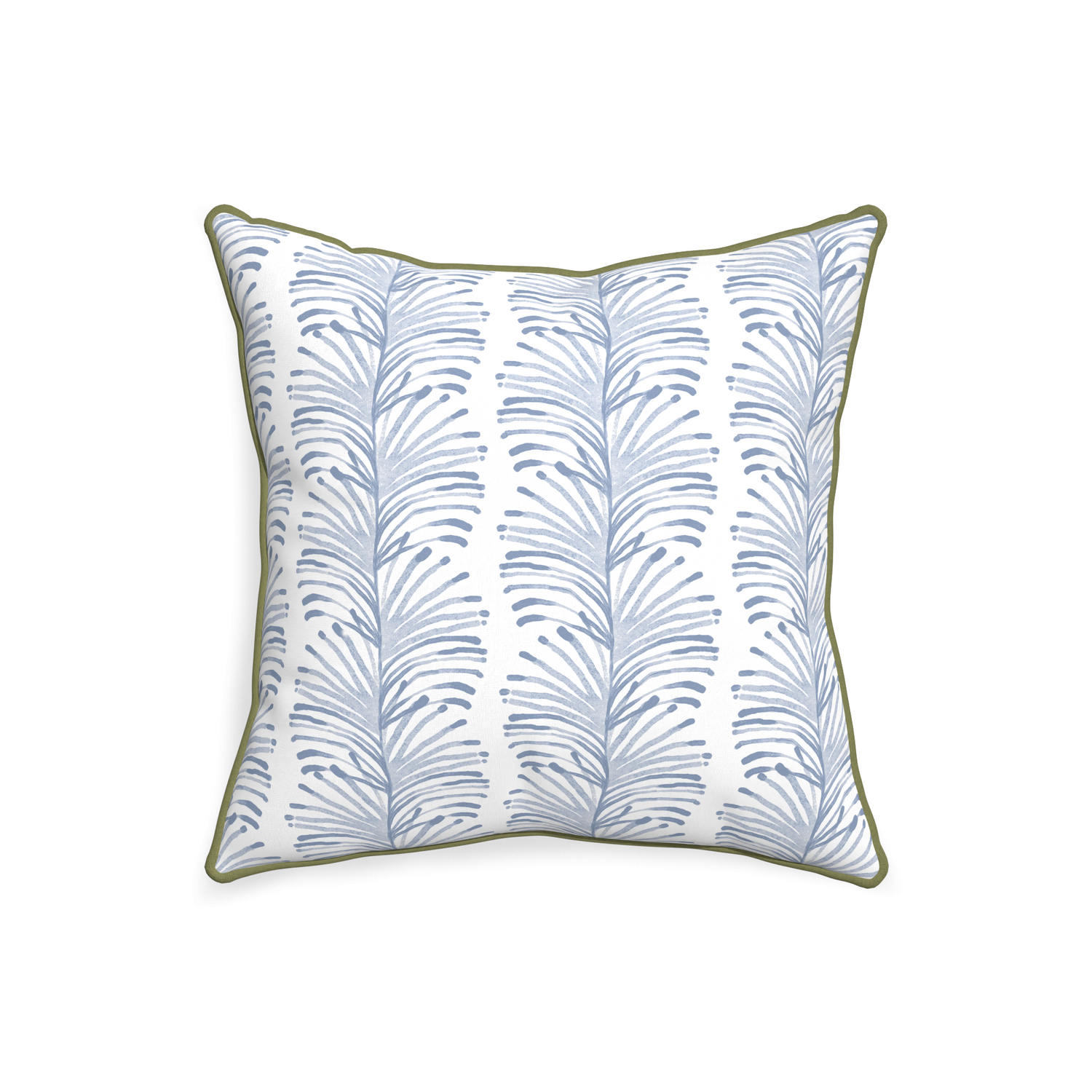 square sky blue colored botanical stripe pillow with moss green piping