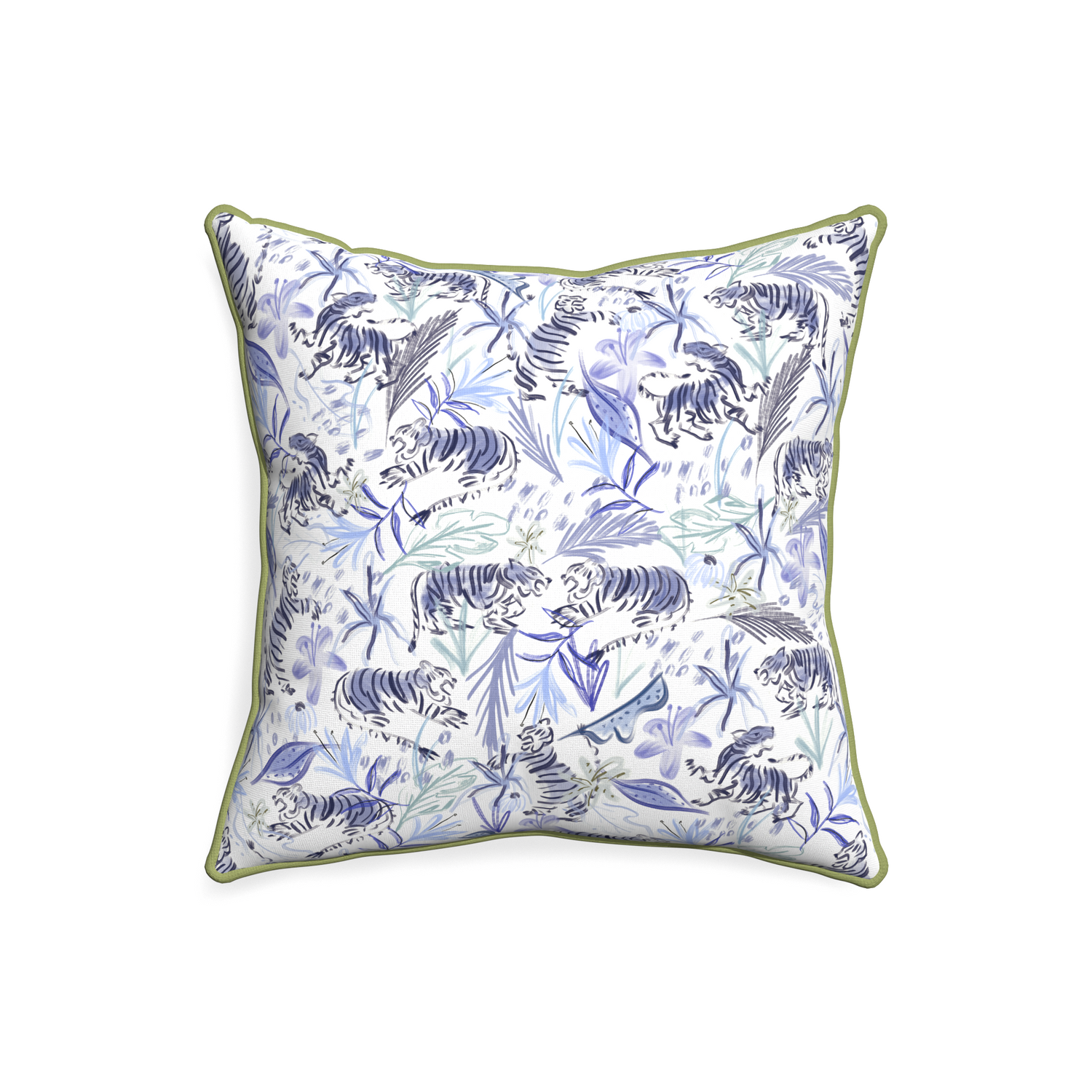 20-square frida blue custom blue with intricate tiger designpillow with moss piping on white background