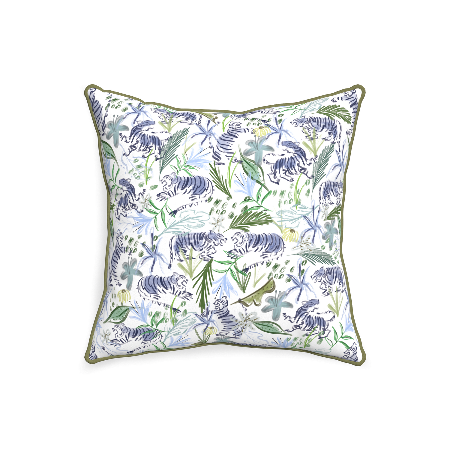 square green chinoiserie tiger pillow with moss green piping 