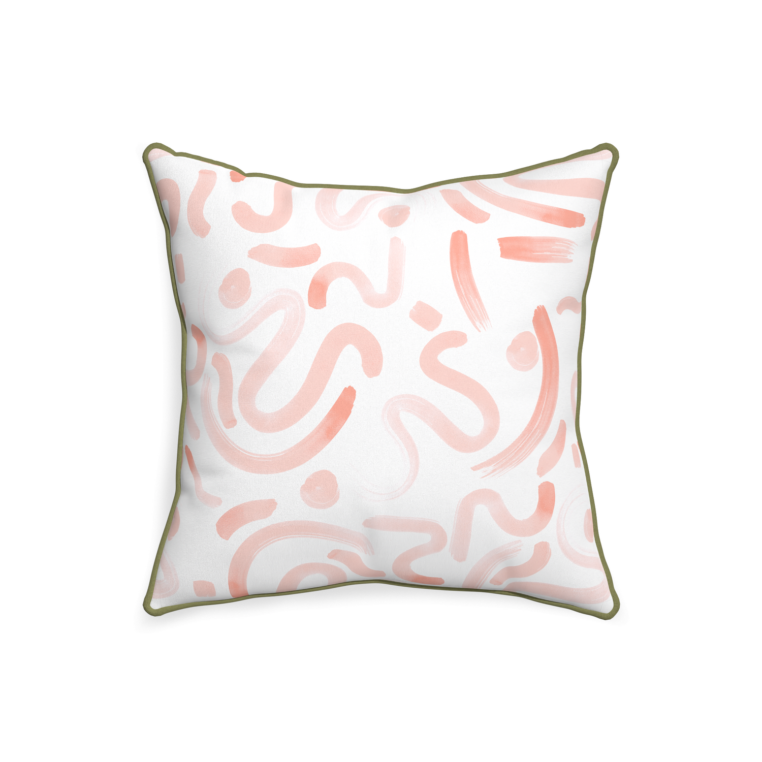 square abstract pink pillow with moss green piping