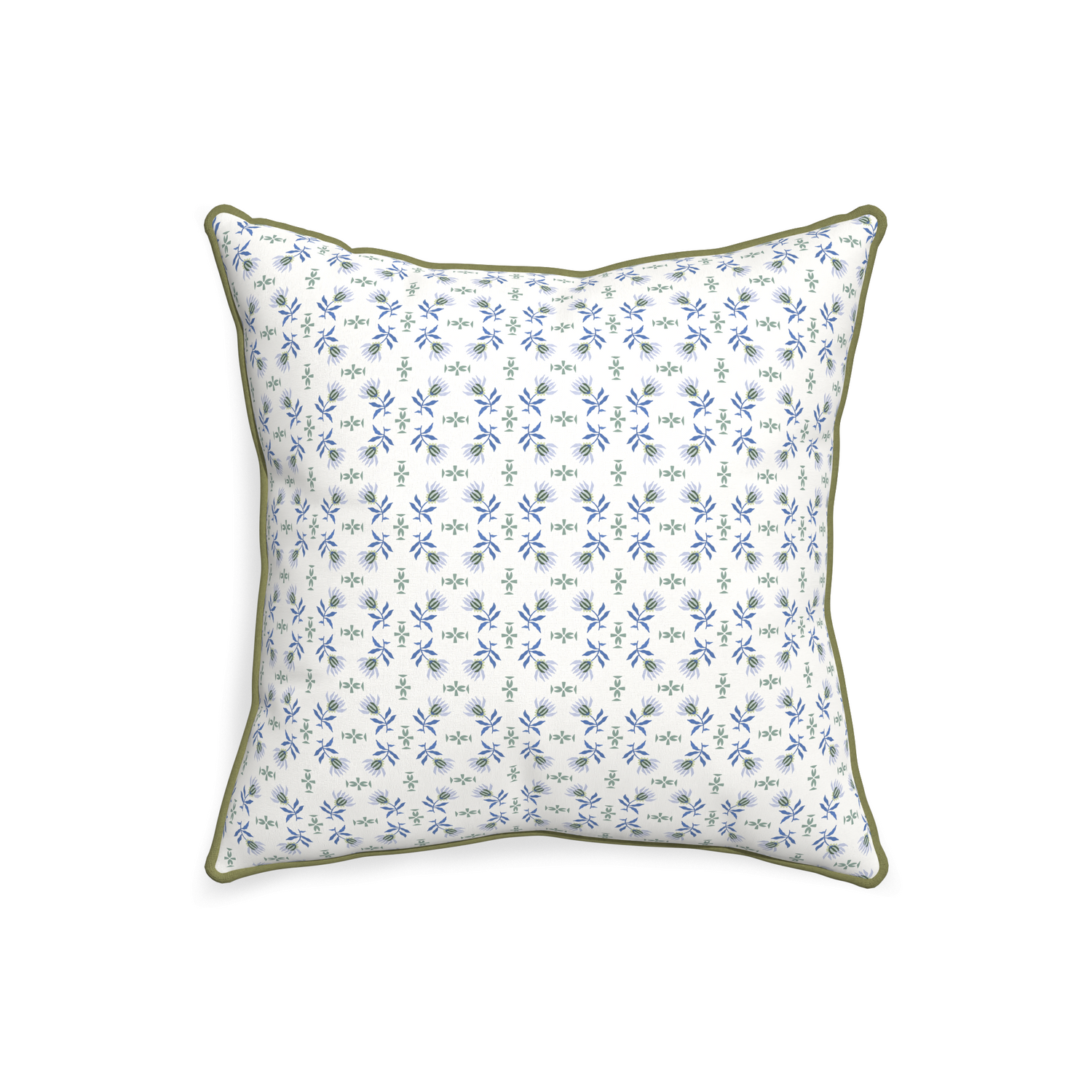 square blue and green floral pillow with moss green piping