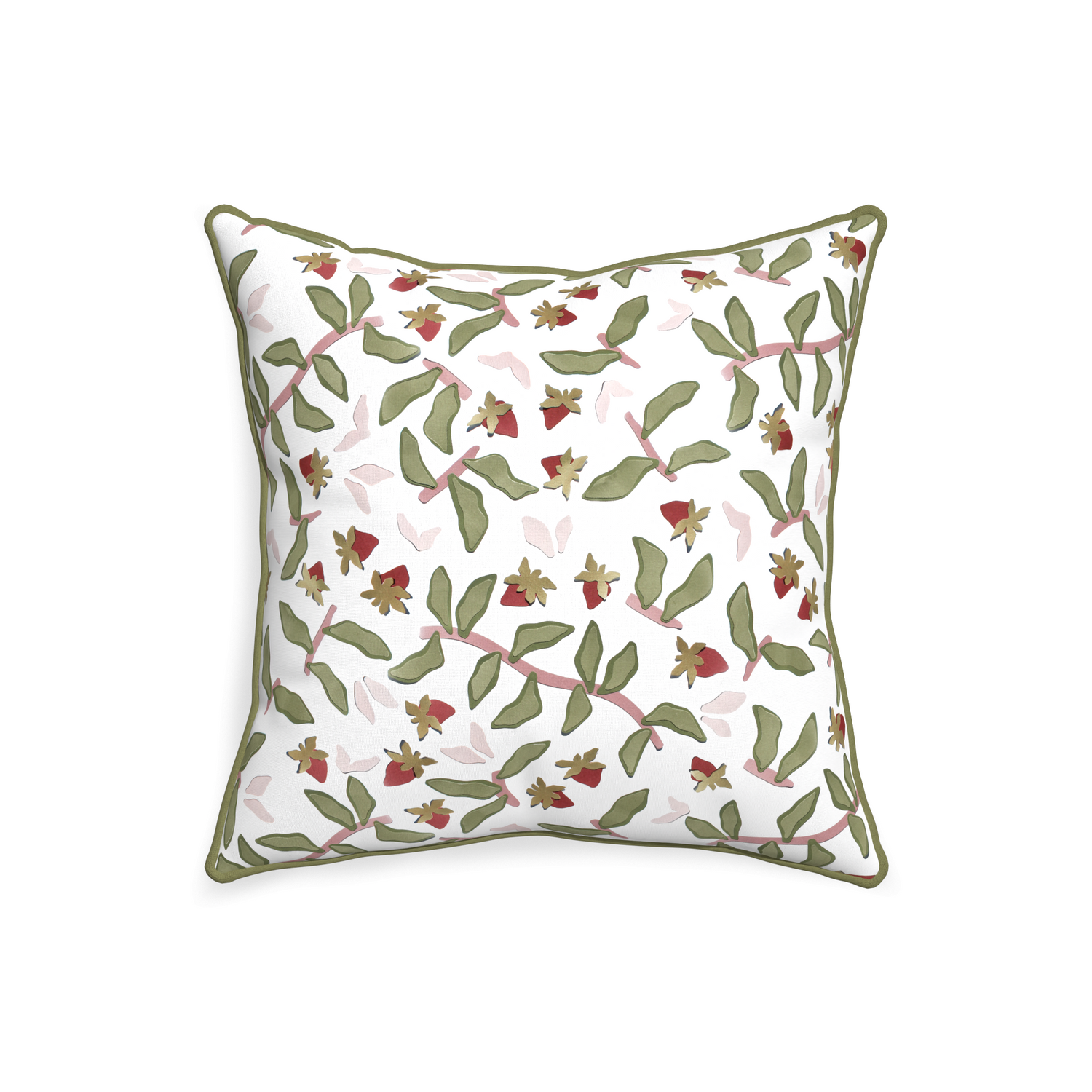 20-square nellie custom strawberry & botanicalpillow with moss piping on white background