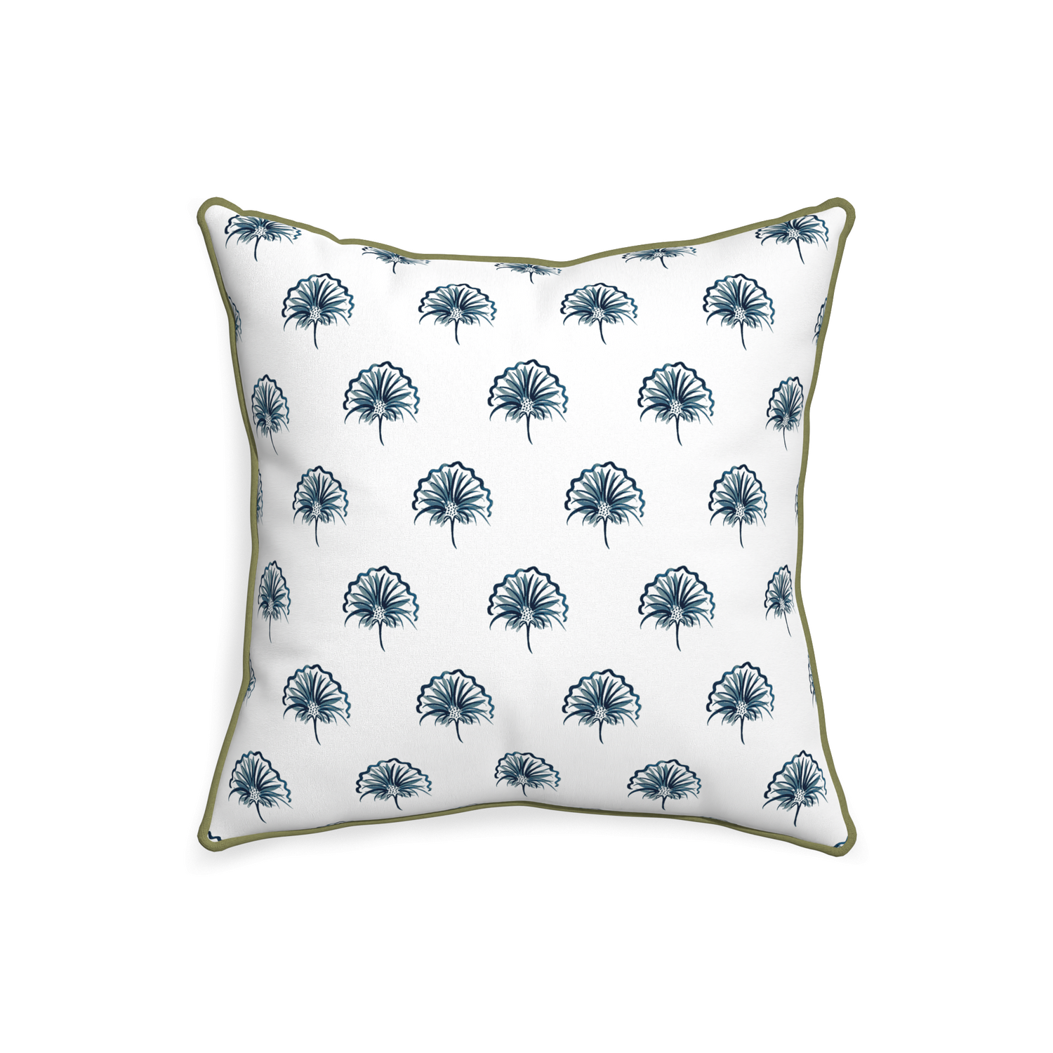square navy floral pillow with moss green piping