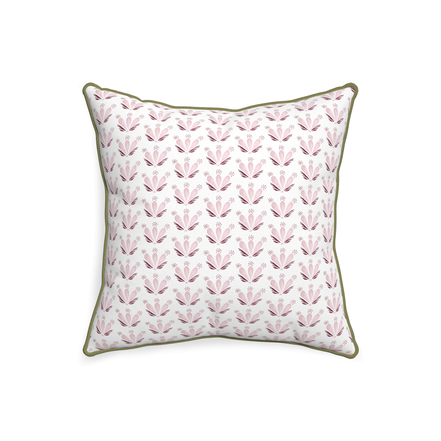20-square serena pink custom pillow with moss piping on white background