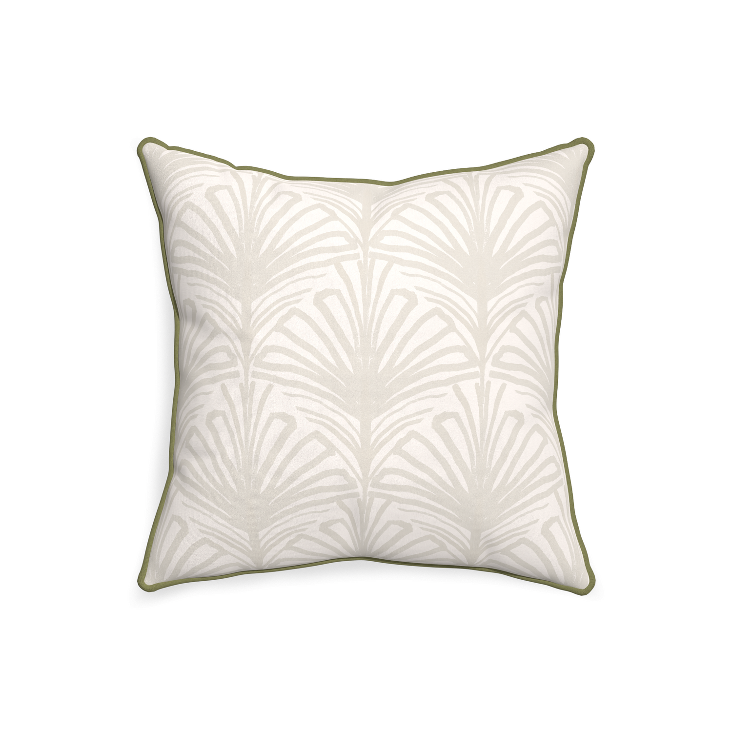 20-square suzy sand custom pillow with moss piping on white background