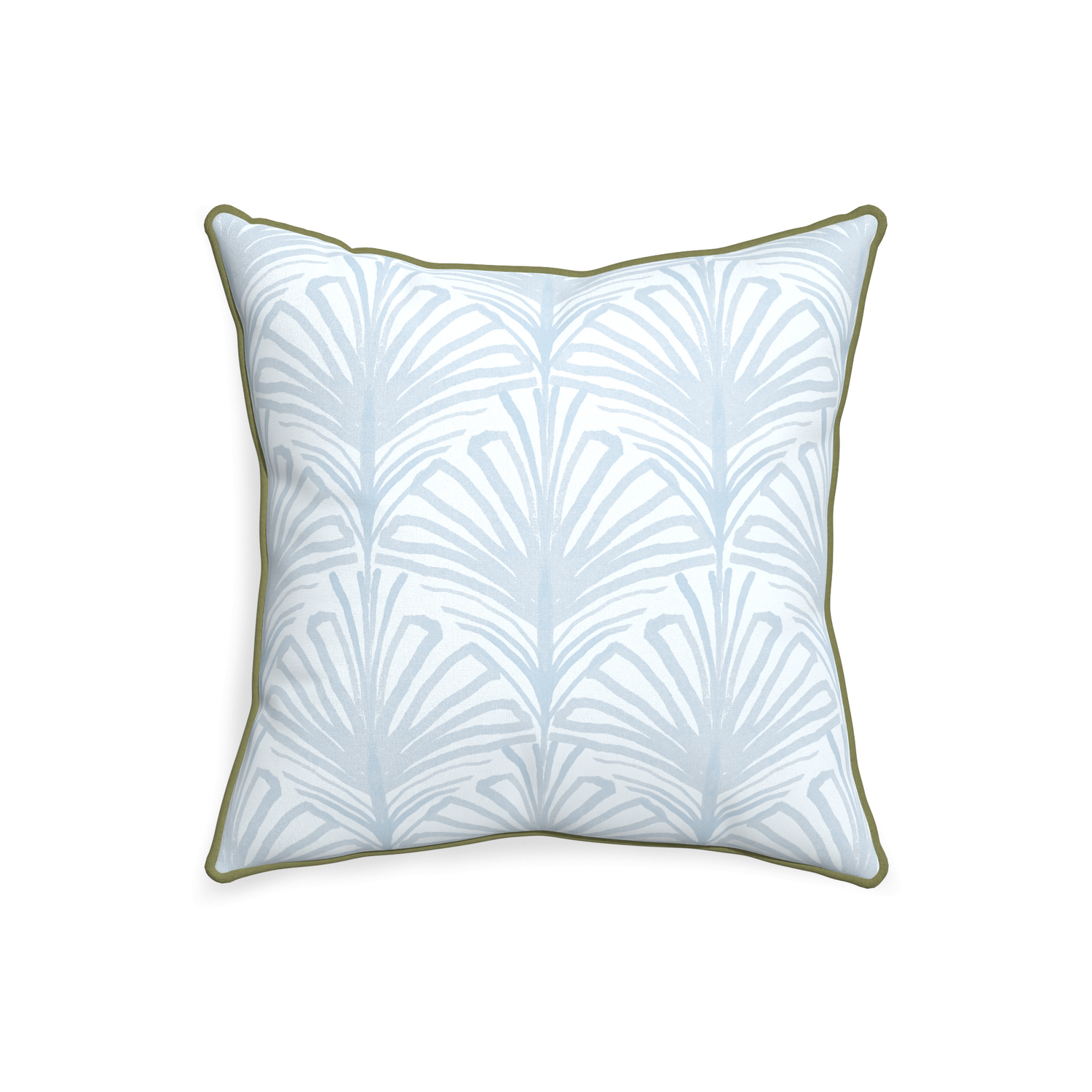 square sky blue palm pillow with moss green piping