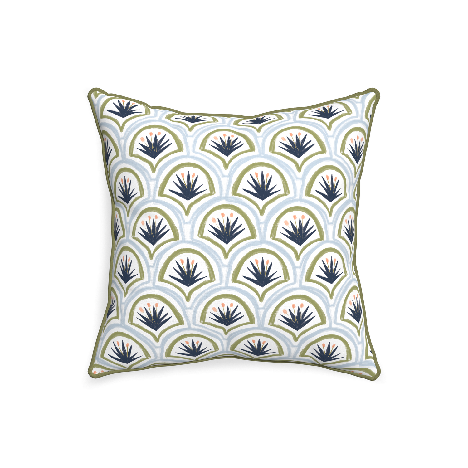 square blue and green art deco palm pattern with moss green piping
