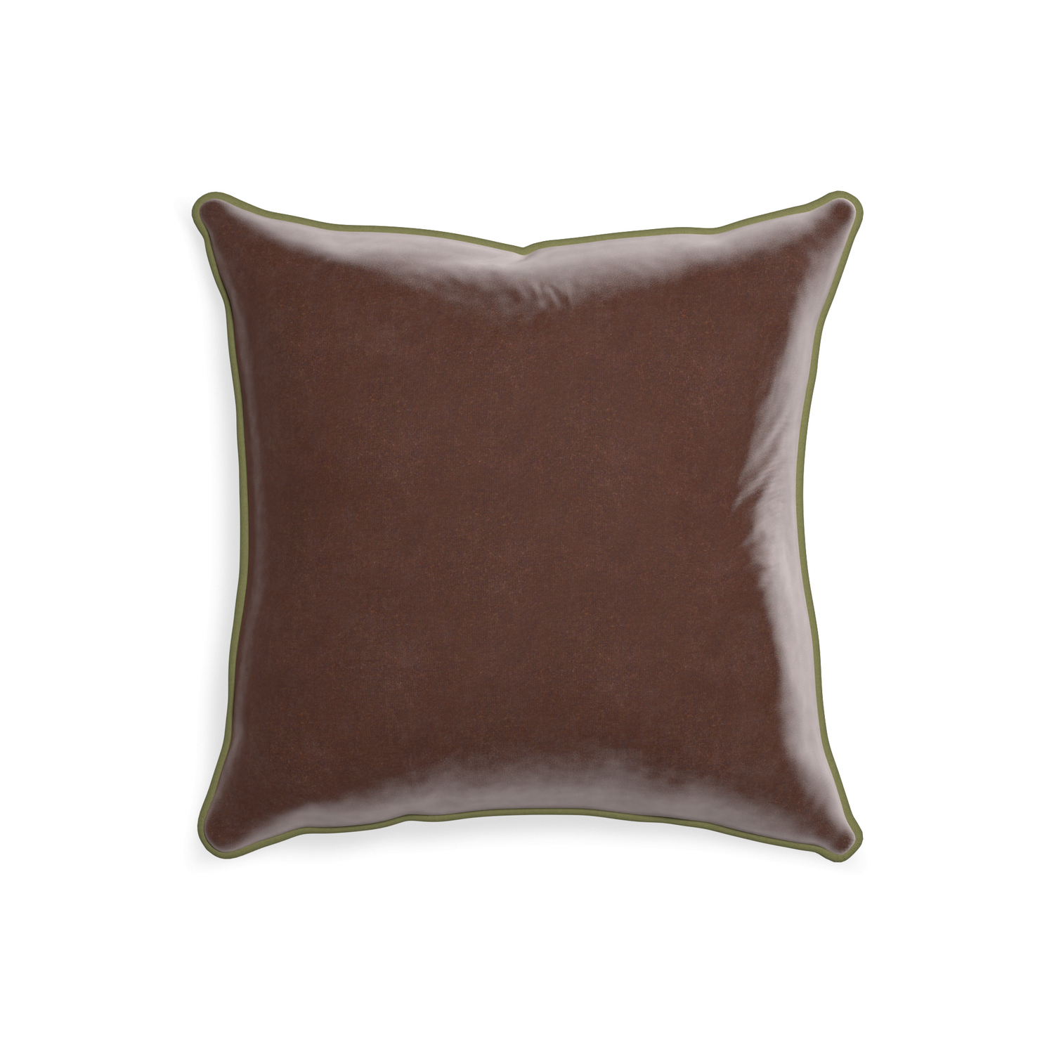 20-square walnut velvet custom pillow with moss piping on white background