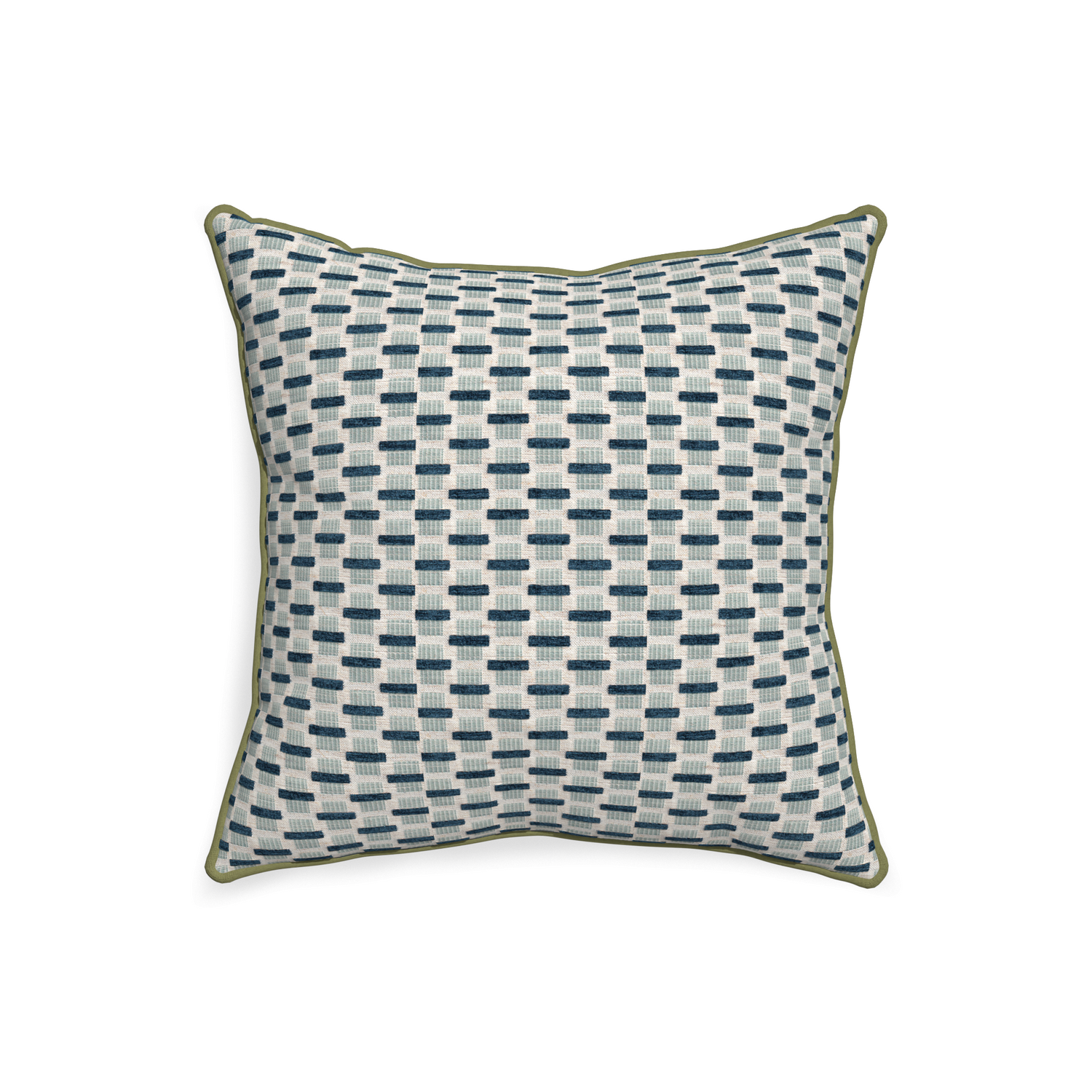 20-square willow amalfi custom blue geometric chenillepillow with moss piping on white background