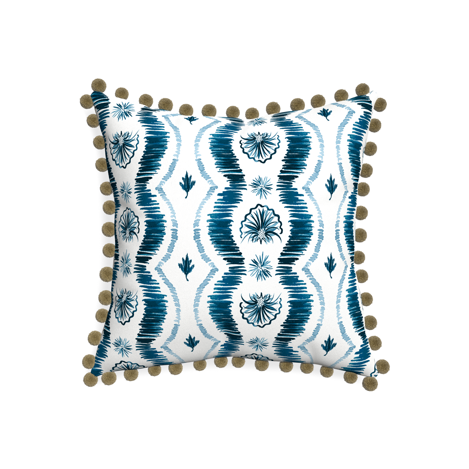 20-square alice custom blue ikatpillow with olive pom pom on white background