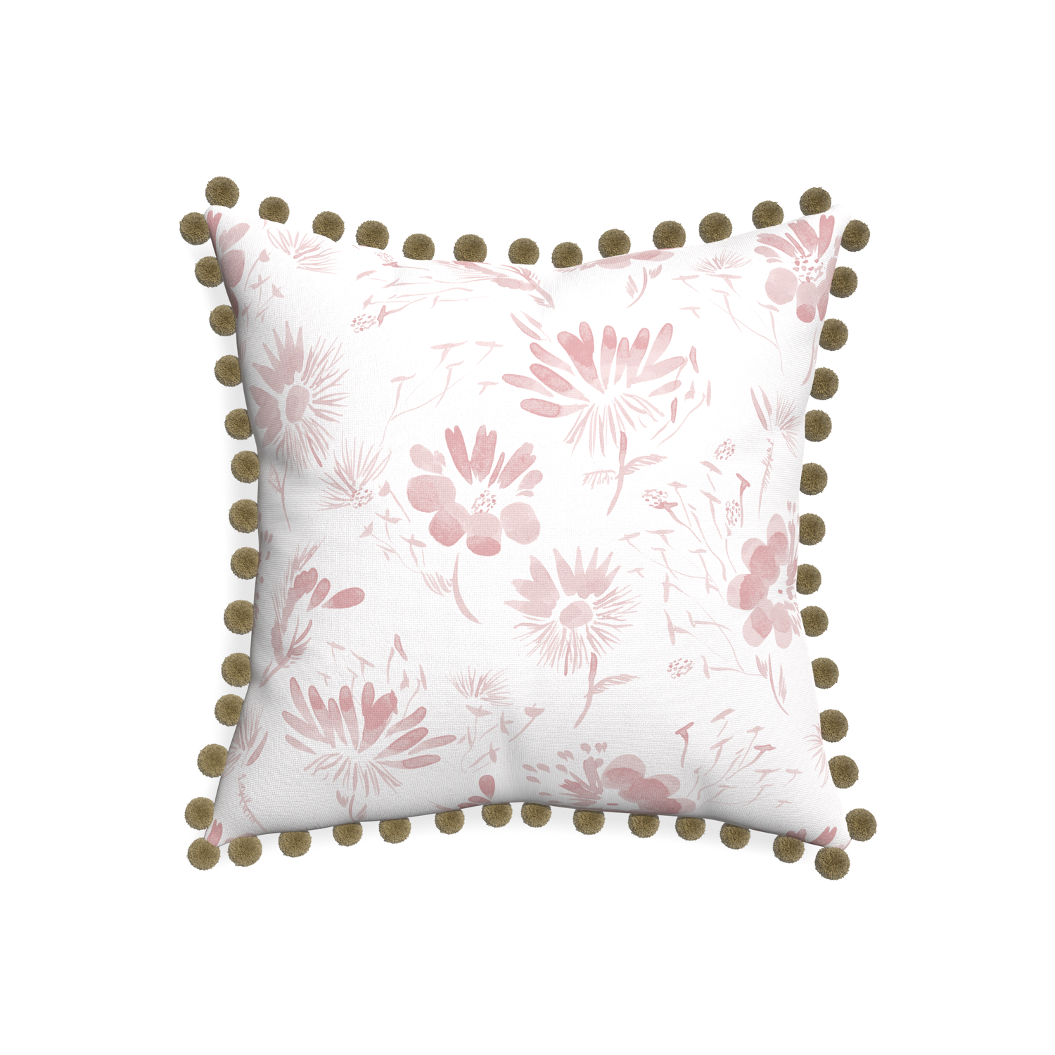 20-square blake custom pink floralpillow with olive pom pom on white background