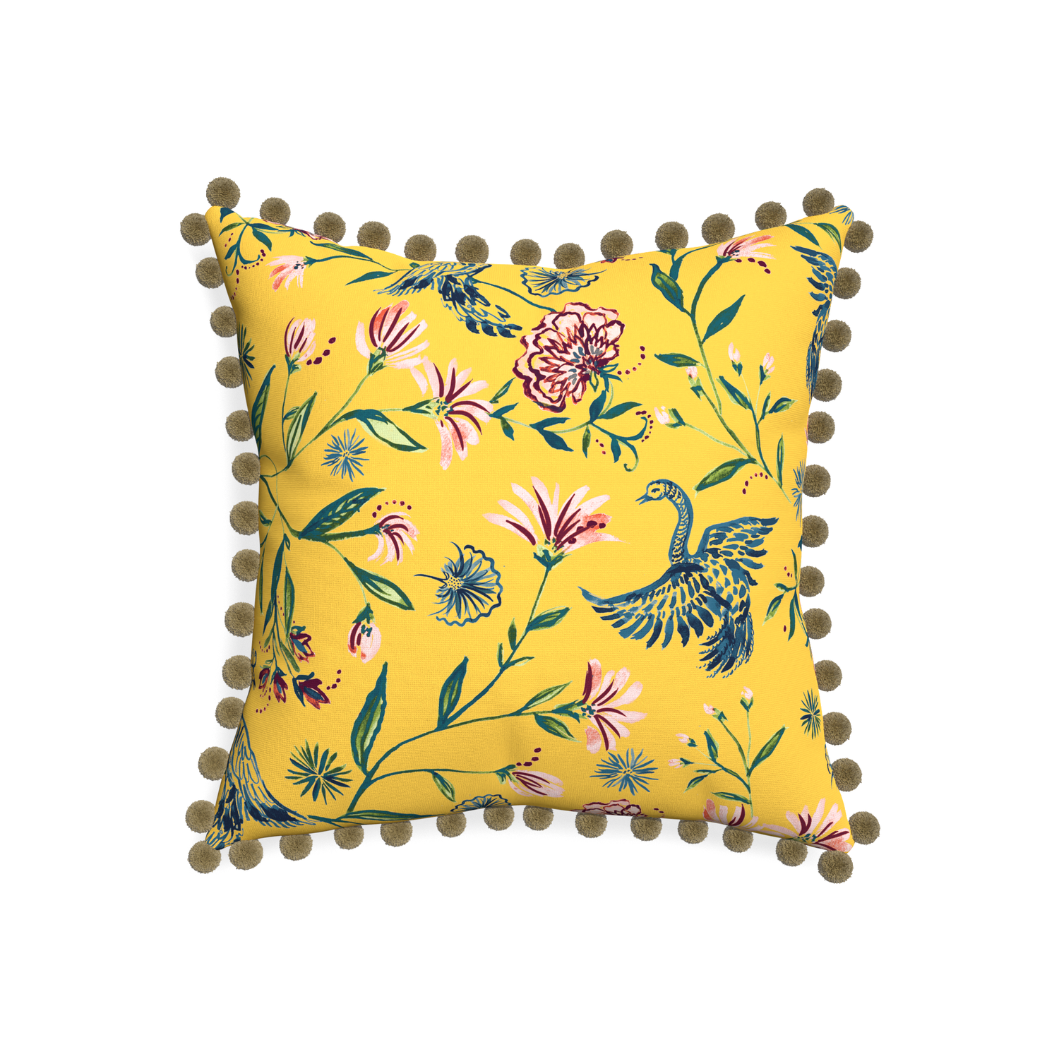 20-square daphne canary custom pillow with olive pom pom on white background