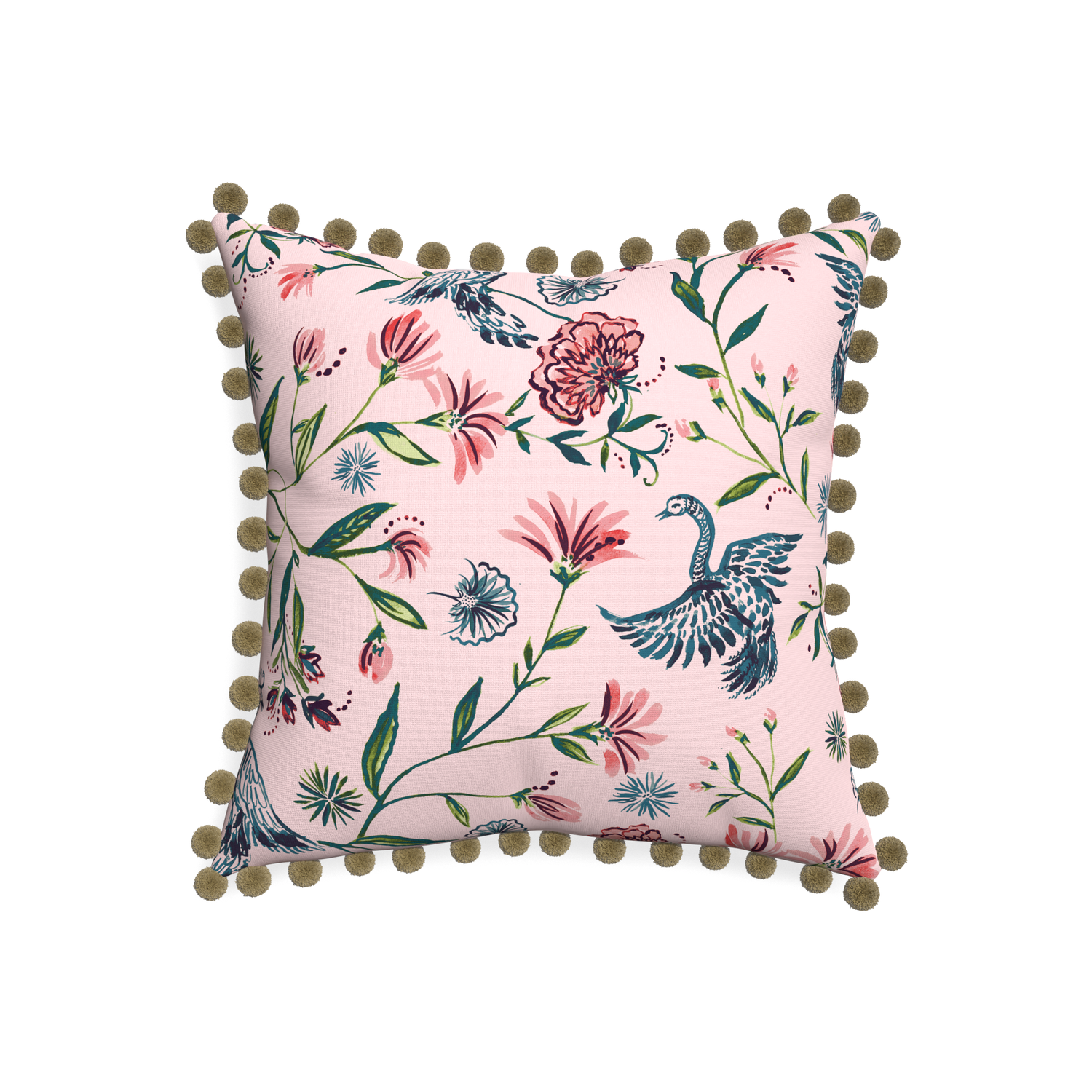 20-square daphne rose custom pillow with olive pom pom on white background