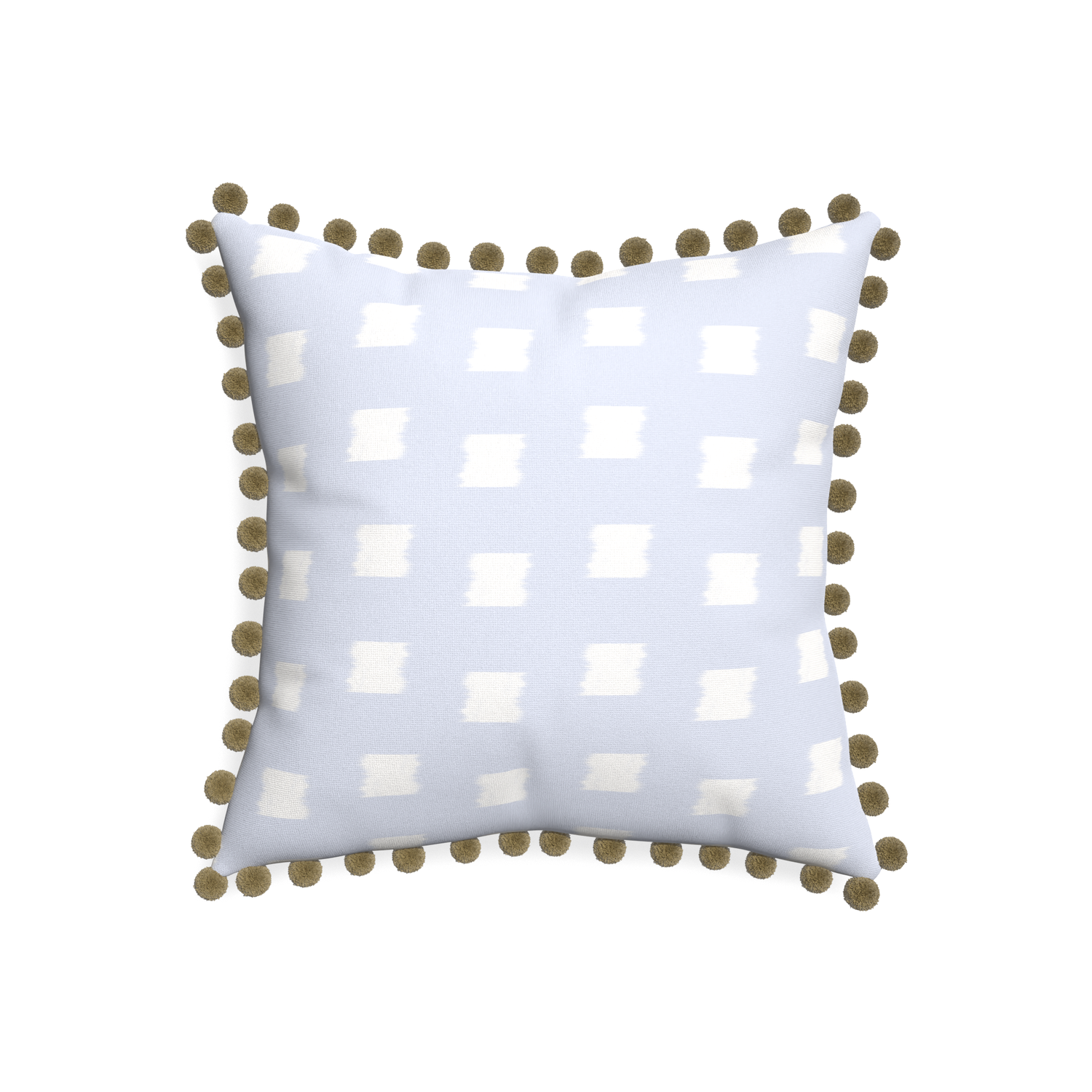 20-square denton custom pillow with olive pom pom on white background