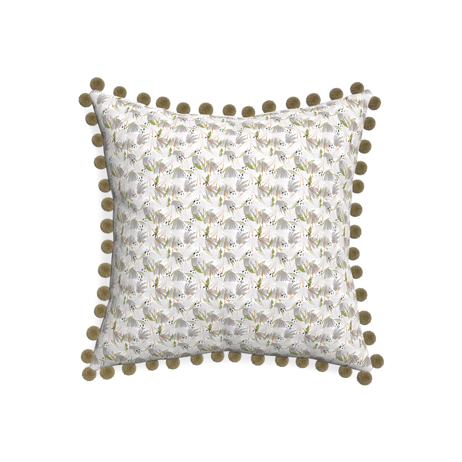 20-square eden grey custom pillow with olive pom pom on white background