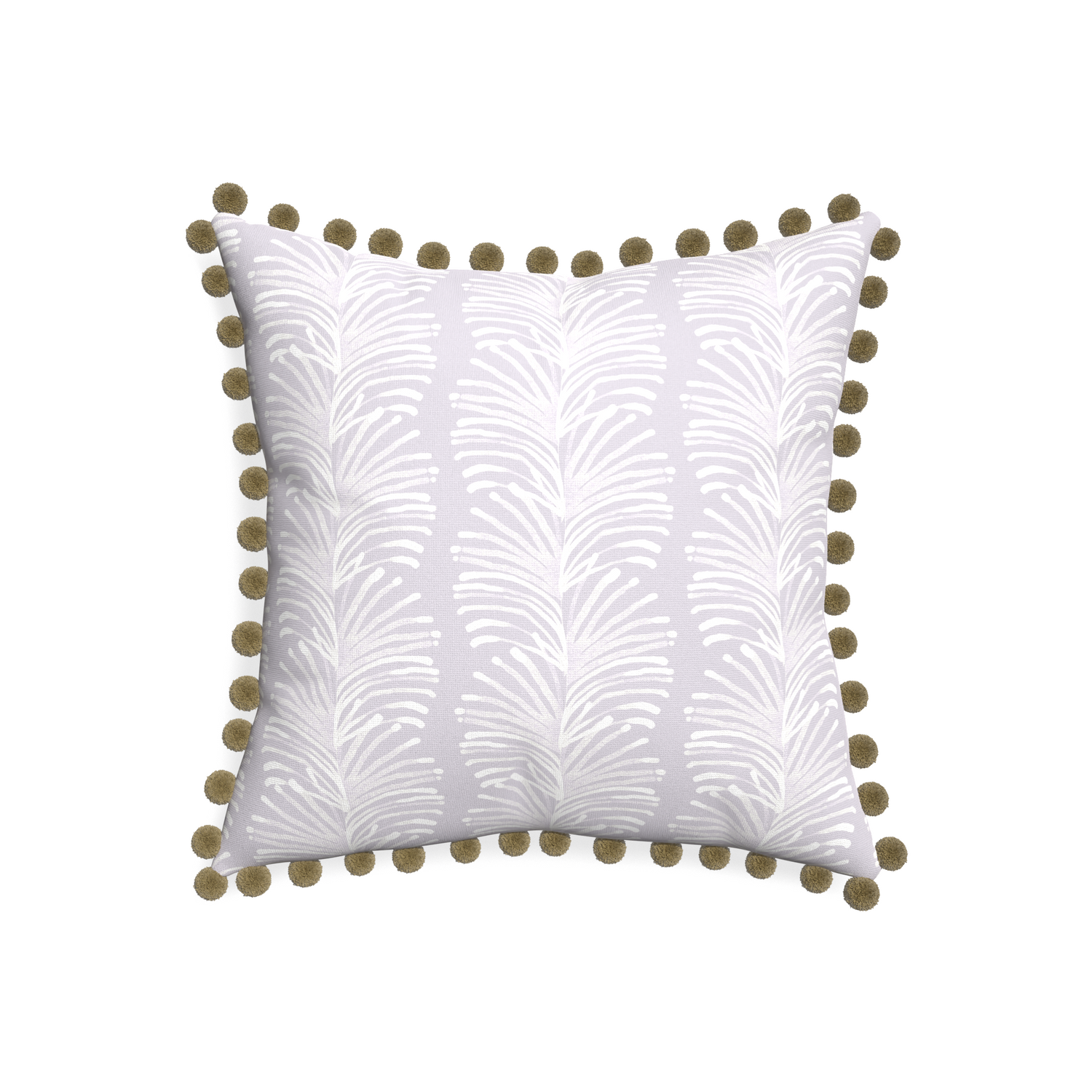 20-square emma lavender custom pillow with olive pom pom on white background