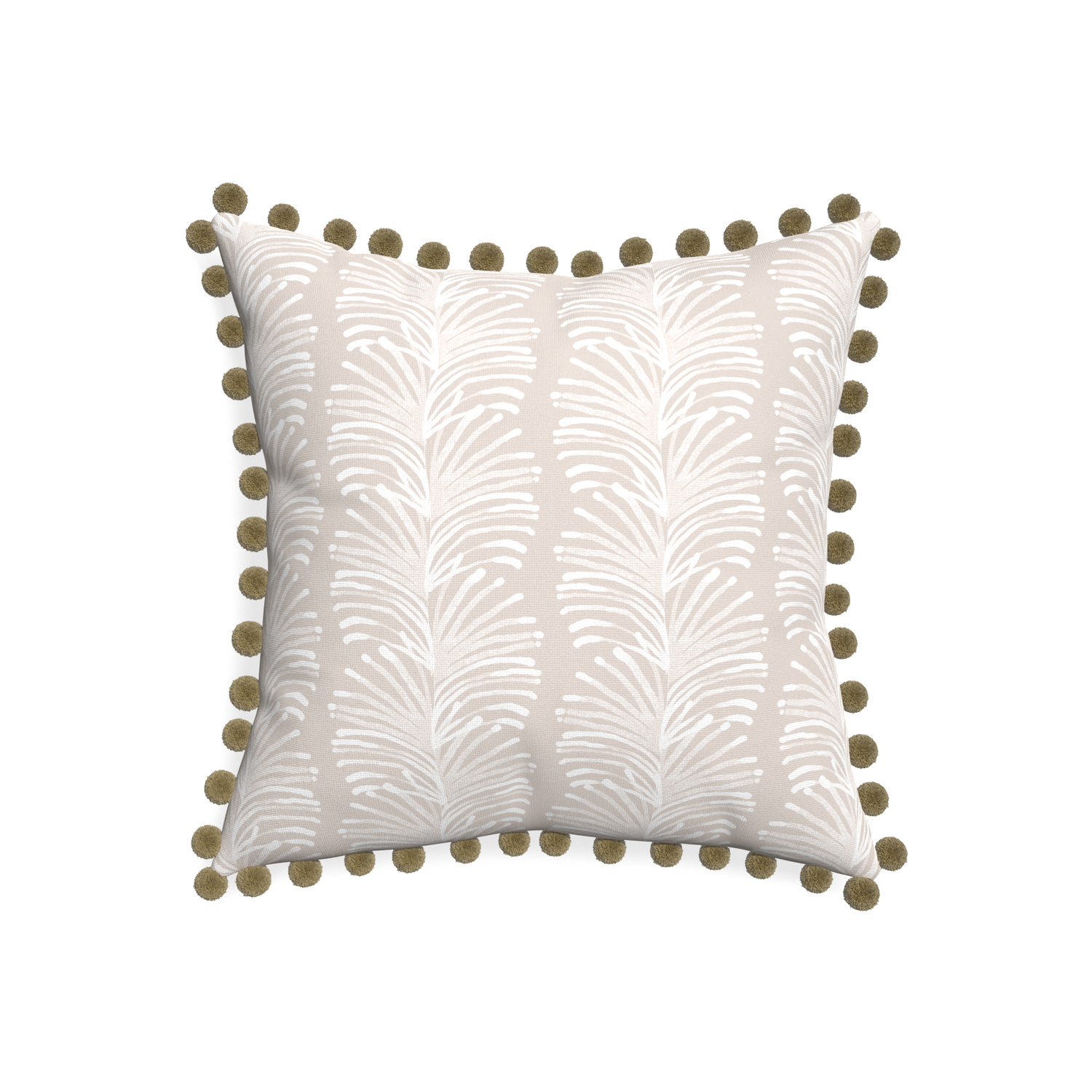 20-square emma sand custom pillow with olive pom pom on white background