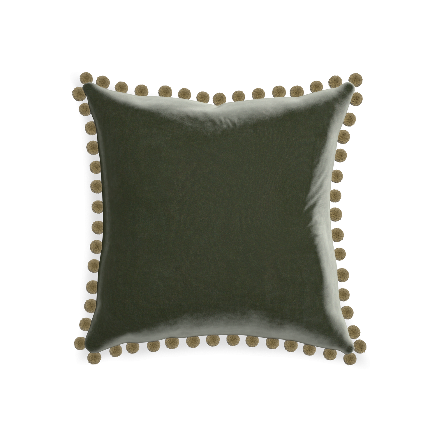 square fern green velvet pillow with olive green pom poms