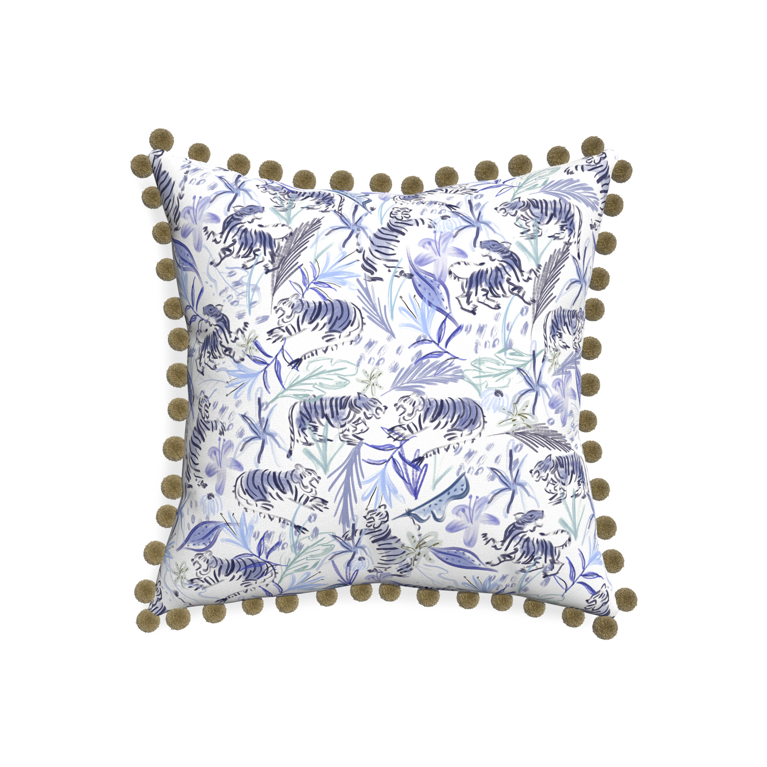 20-square frida blue custom blue with intricate tiger designpillow with olive pom pom on white background