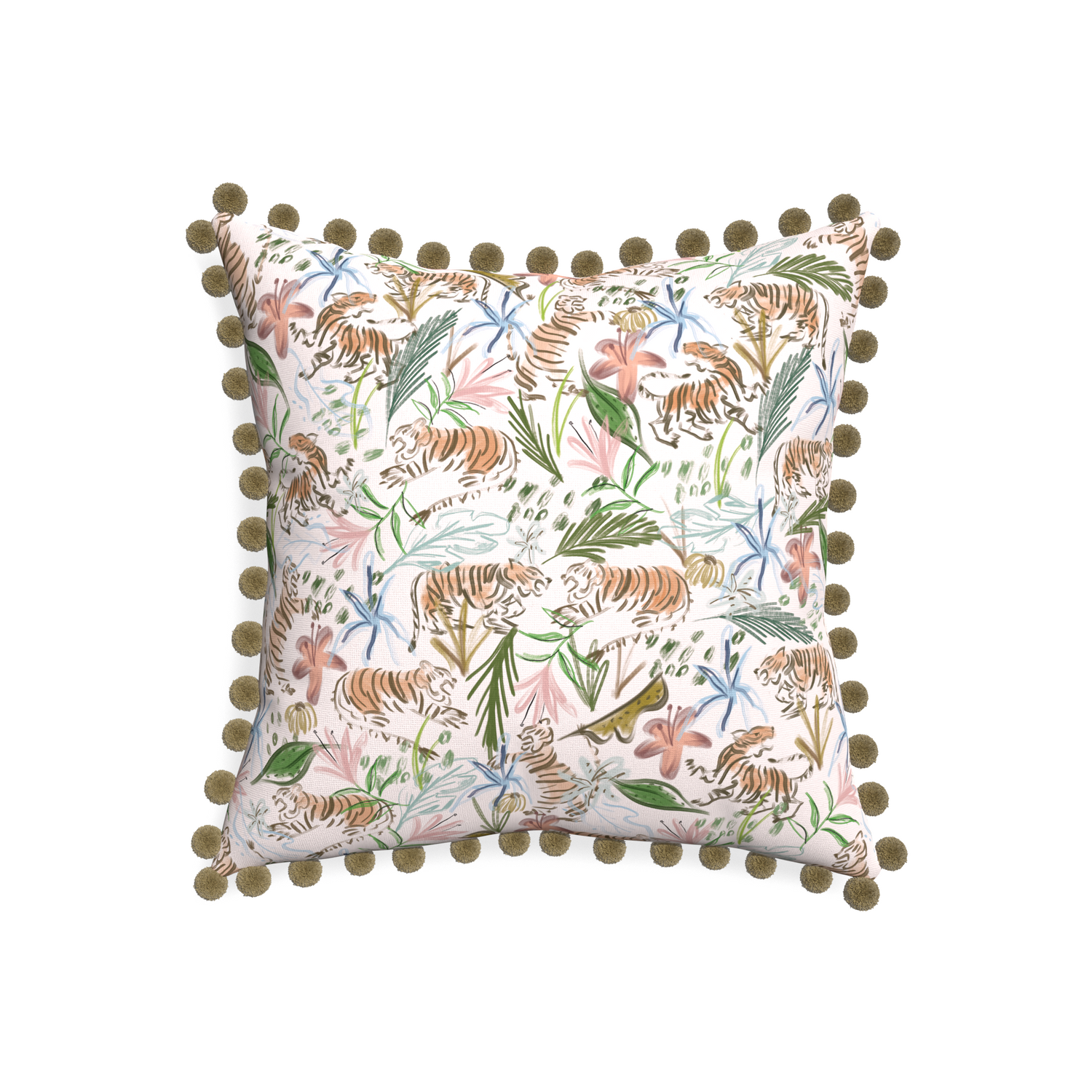 20-square frida pink custom pink chinoiserie tigerpillow with olive pom pom on white background