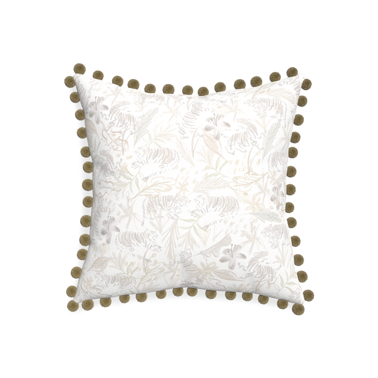 20-square frida sand custom beige chinoiserie tigerpillow with olive pom pom on white background